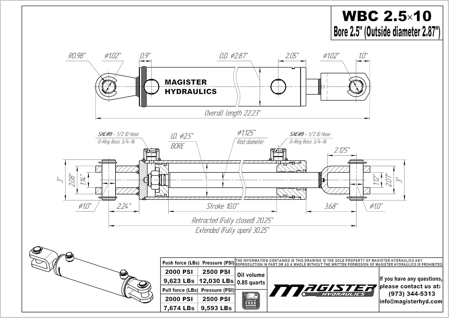 Magister Hydraulics Double Acting Hydraulic Cylinder - AG Clevis Hydraulic Cylinder 2500 PSI tie-Rod Alternative 2.5" bore 10" Stroke (2.5x10)