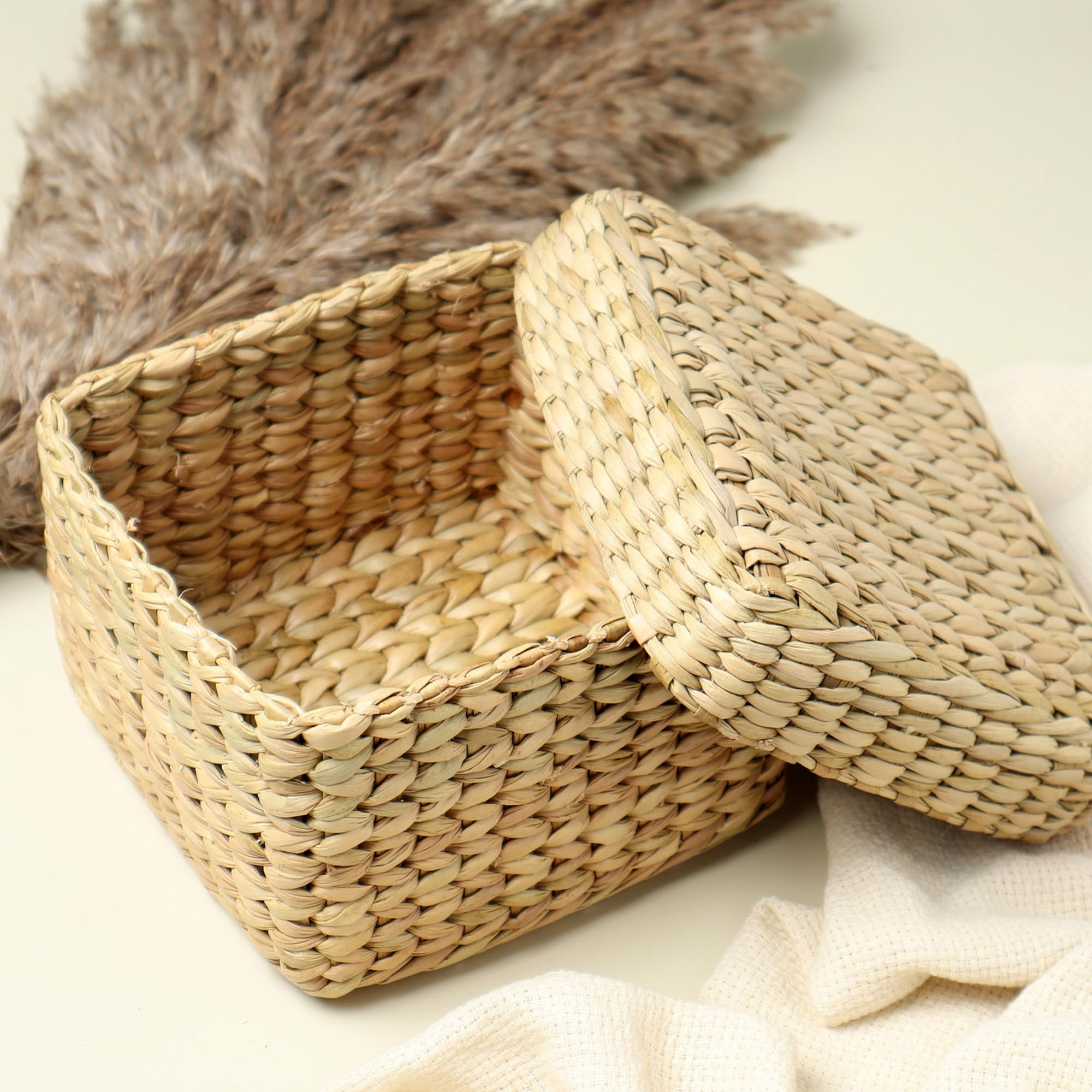Habere India-All the Cultures Fabricating India Wicker Lid Box | Basket with Lid | Storage Box | Gift Hamper Basket | Seagrass Wardrobe Organizer - Rectangular, Beige (Size - 13 * 13 * 9 CM)
