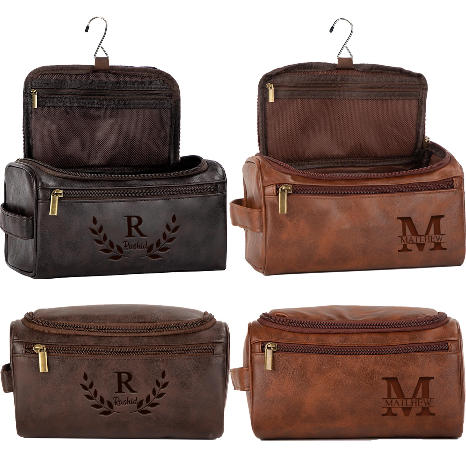 Flycalf Personalized Travel Toiletry Bag for Men Groomsmen Gift Leather Water Resistant Bathroom Shaving Bag Hanging Organizer