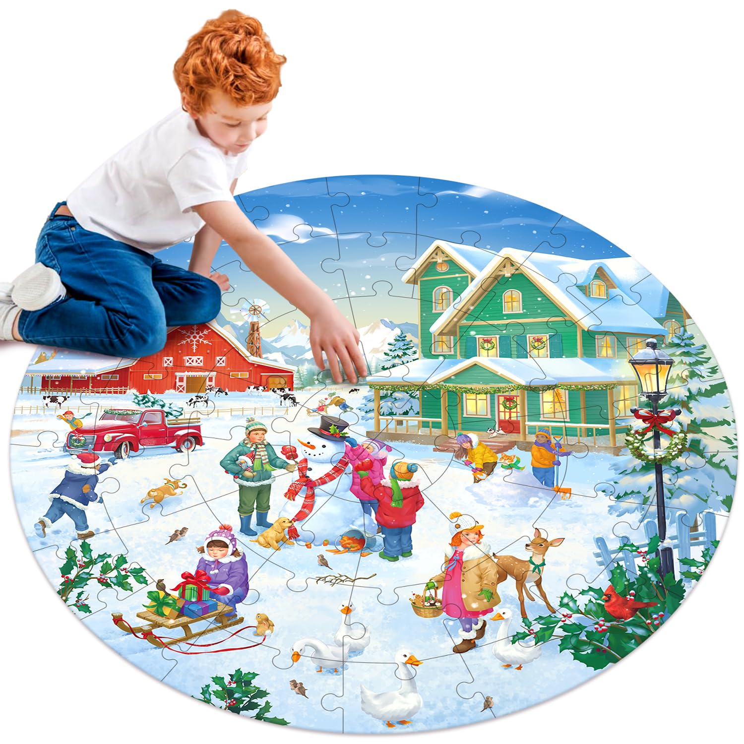 MoinKidz Christmas Wooden Puzzles for Kids Ages 4-8, Large 48 Piece Round Jigsaw Puzzle for 3 4 5 6 7 8 Year Old, Merry Winter Holiday Farm Floor