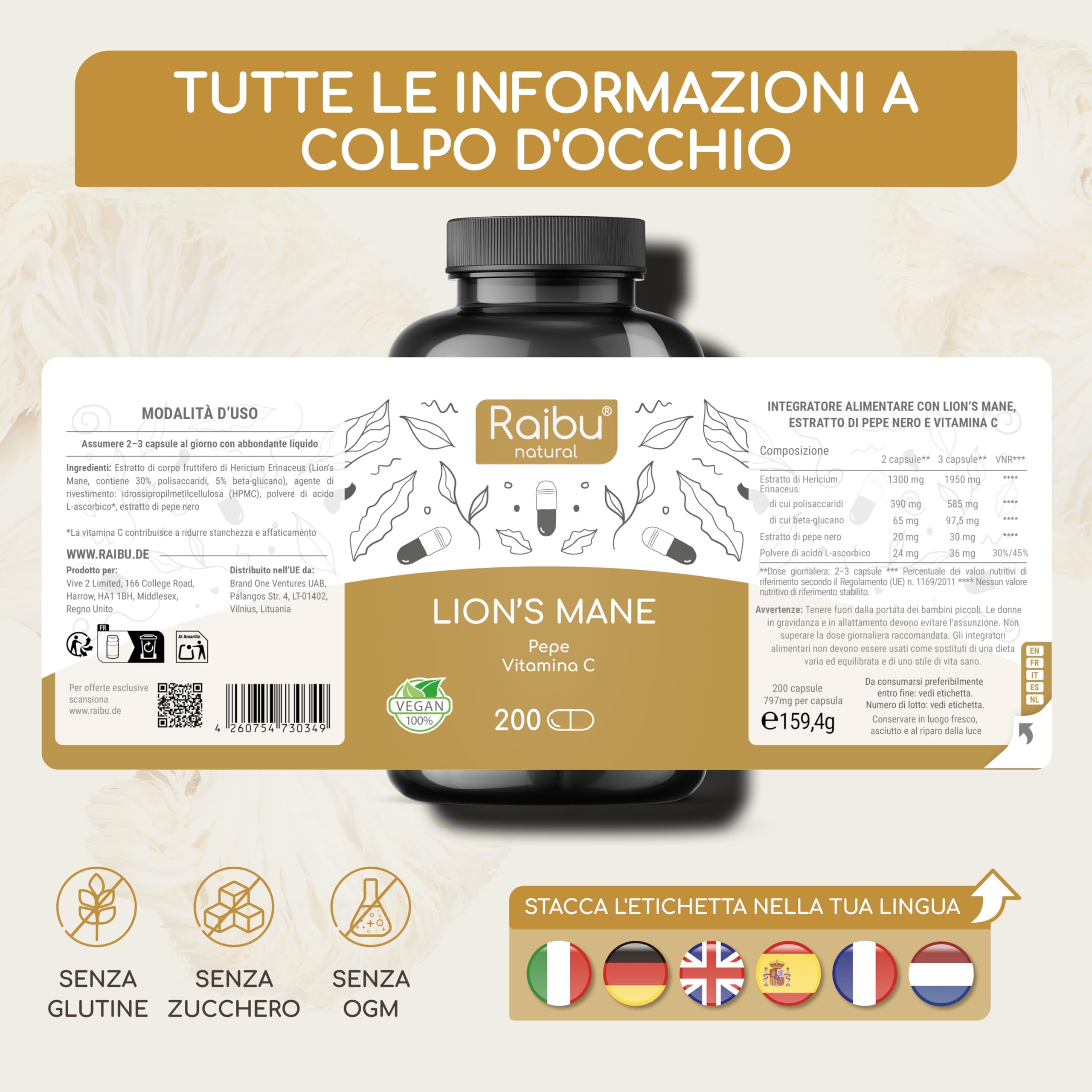 Lions Mane 58.500 mg (Estratto 30:1) Capsule - Per il Cervello, il Benessere e l’Umore - Hericium Erinaceus, Vitamina C e Pepe Nero - 30% Polisaccaridi, 5% Beta-Glucani - Raibu