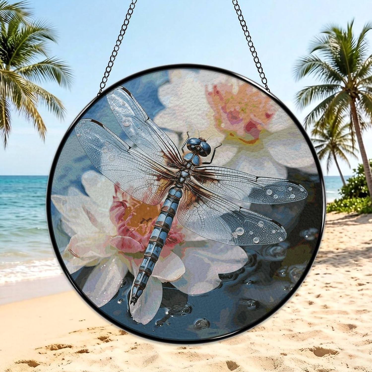 Dragonfly Flower Stained Glass Suncatcher for Garden, Window Hanging image 3