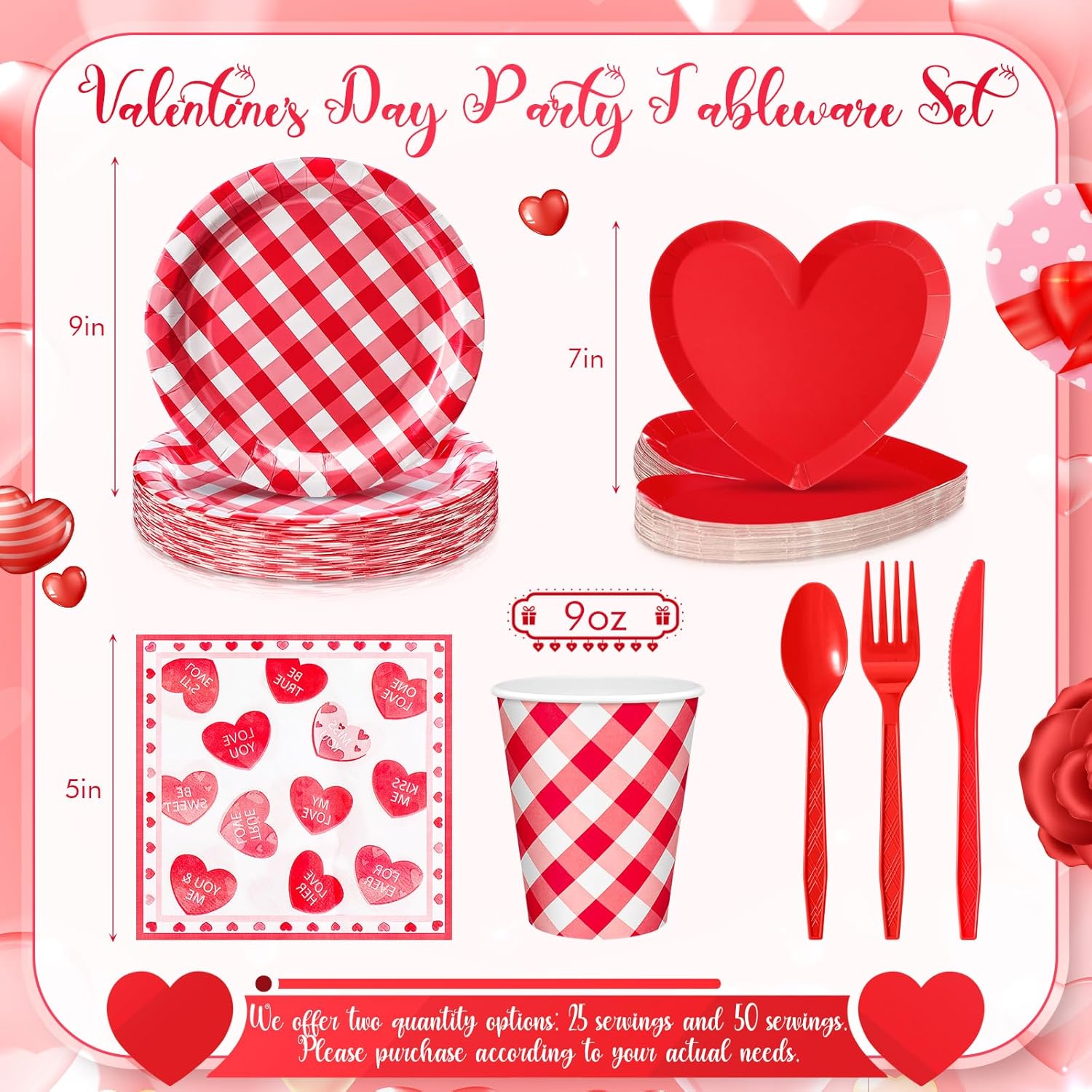 350 Pcs Valentines Party Supplies Set for 50 Guests Red Heart Paper Plates and Napkin Gingham Plates 9 oz Cups Plastic Fork Knife Spoon Disposable Tableware Decor Romantic Anniversary Wedding