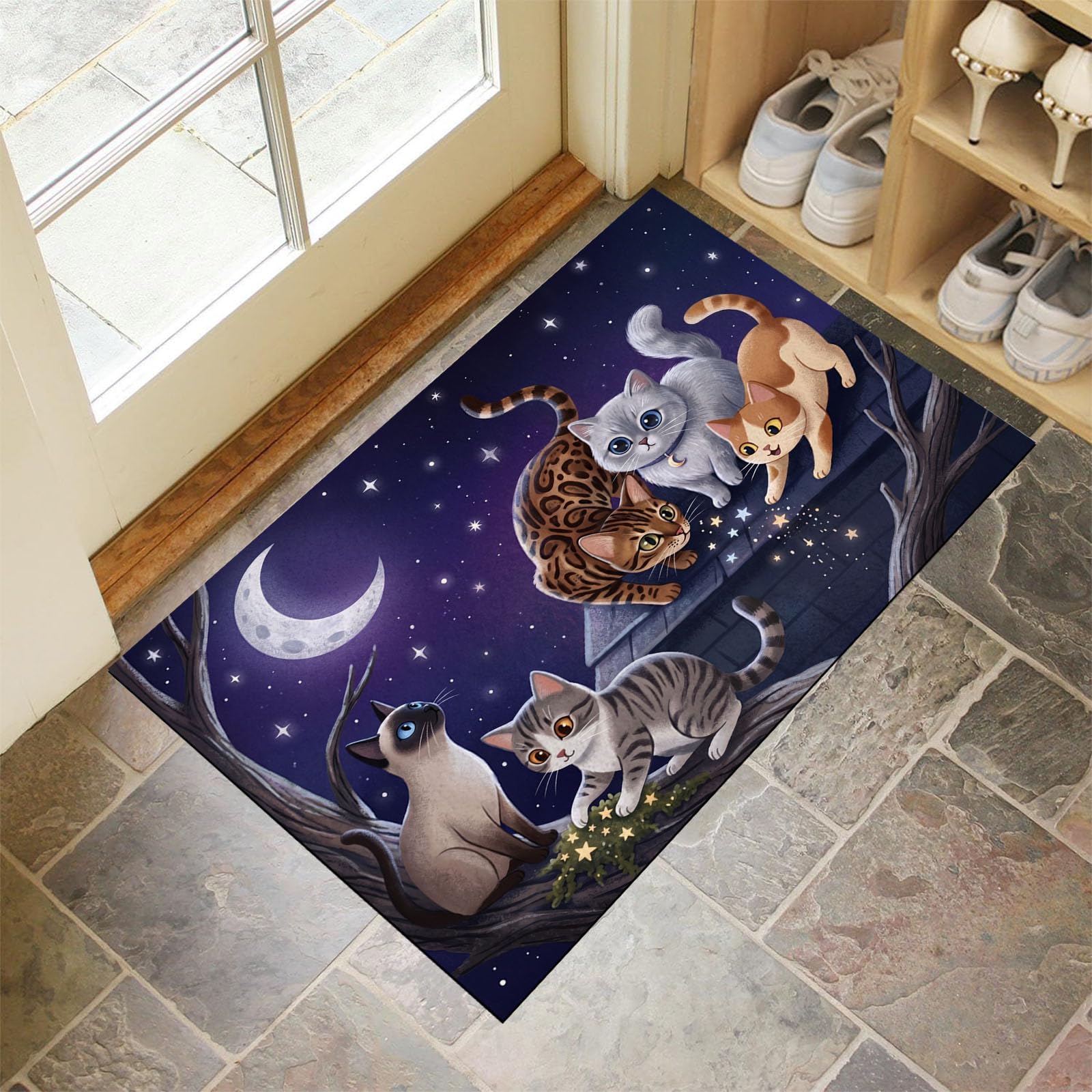 90X150Cm Zerbino Ingresso Interno Antiscivolo Assorbente, Tappeto Microfibra Sottile Lavabile Con Animali Sognanti Nel Cielo Stellato Gatti Carini Che Giocano Per Cucina Bagno Porta Animali, Viola