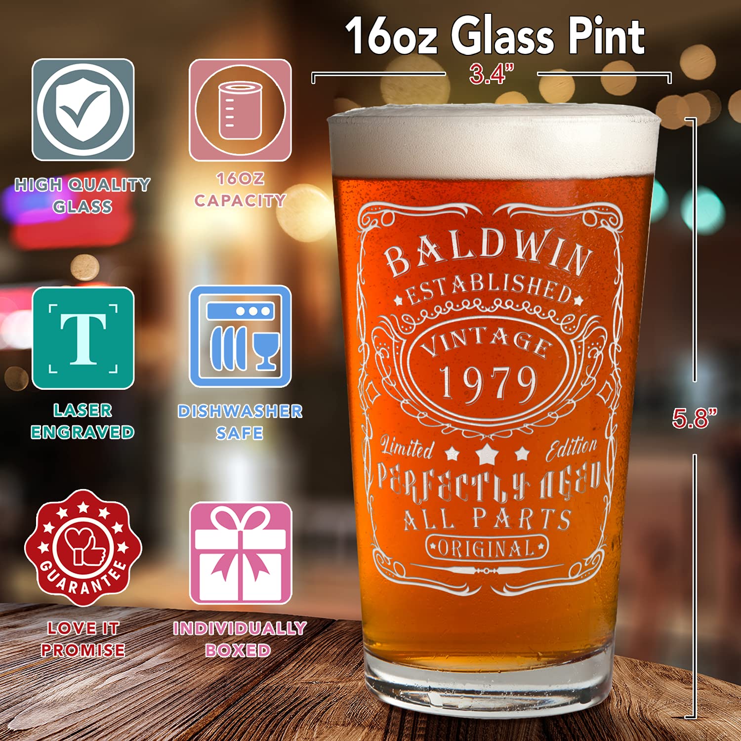 Personalized Beer Glass 45th Birthday Gift Perfectly Aged 45 Years Old 1979 Vintage Etched Custom Mug 16 oz Pint Drinking Glasses For Men