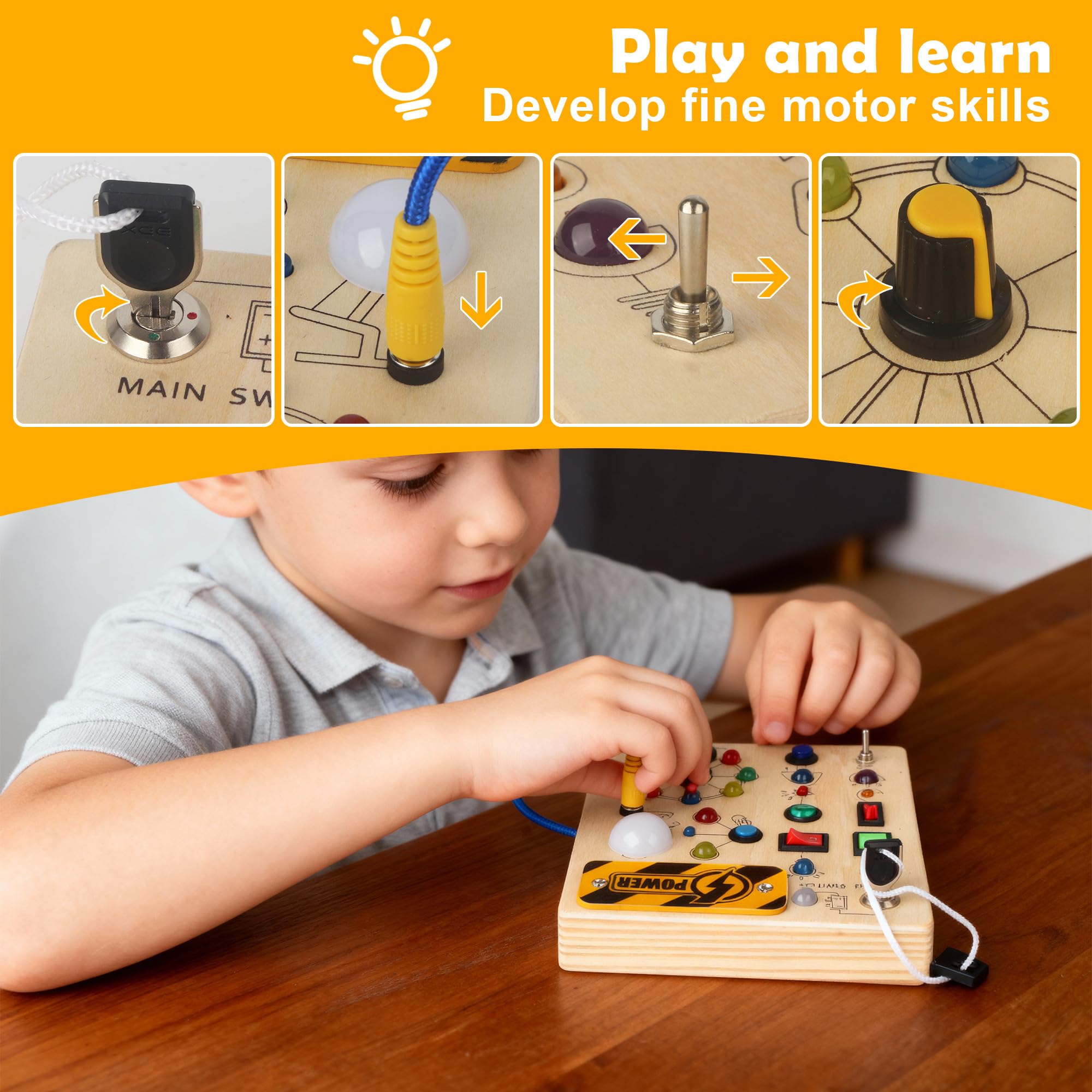 Montessori Busy Board ab 1 Jahr, Activity Board Holzspielzeug mit LED Lichtschaltern, Montessori Spielzeug Motorikspielzeug Sensorik Lernspielzeug, Geschenk Jungen und Mädch ab 1 2 3 4 Jahr