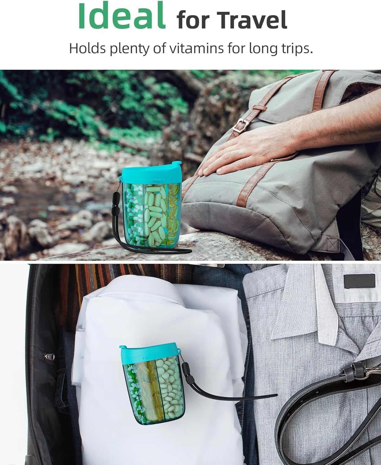 PULIV Large Pill Bottle Organizer, Supplement Organizer for Holding 6 Various Vitamins, Pill Box Case with Anti-Mixing & Wide Opening Design, Easy to Retrieve Meds and 20 Pcs Stick-on Labels, Blue