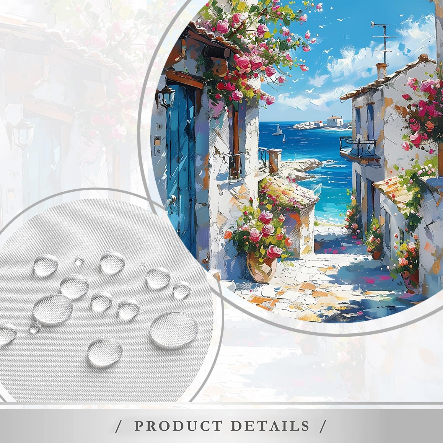 Coastal Landscape Shower Curtain Santorini Greece White Architecture Floral Vine Flower Mediterranean Natural Scenery Abstract Art Polyester Fabric Bathroom Decor Set with Hooks 70X90 Inch
