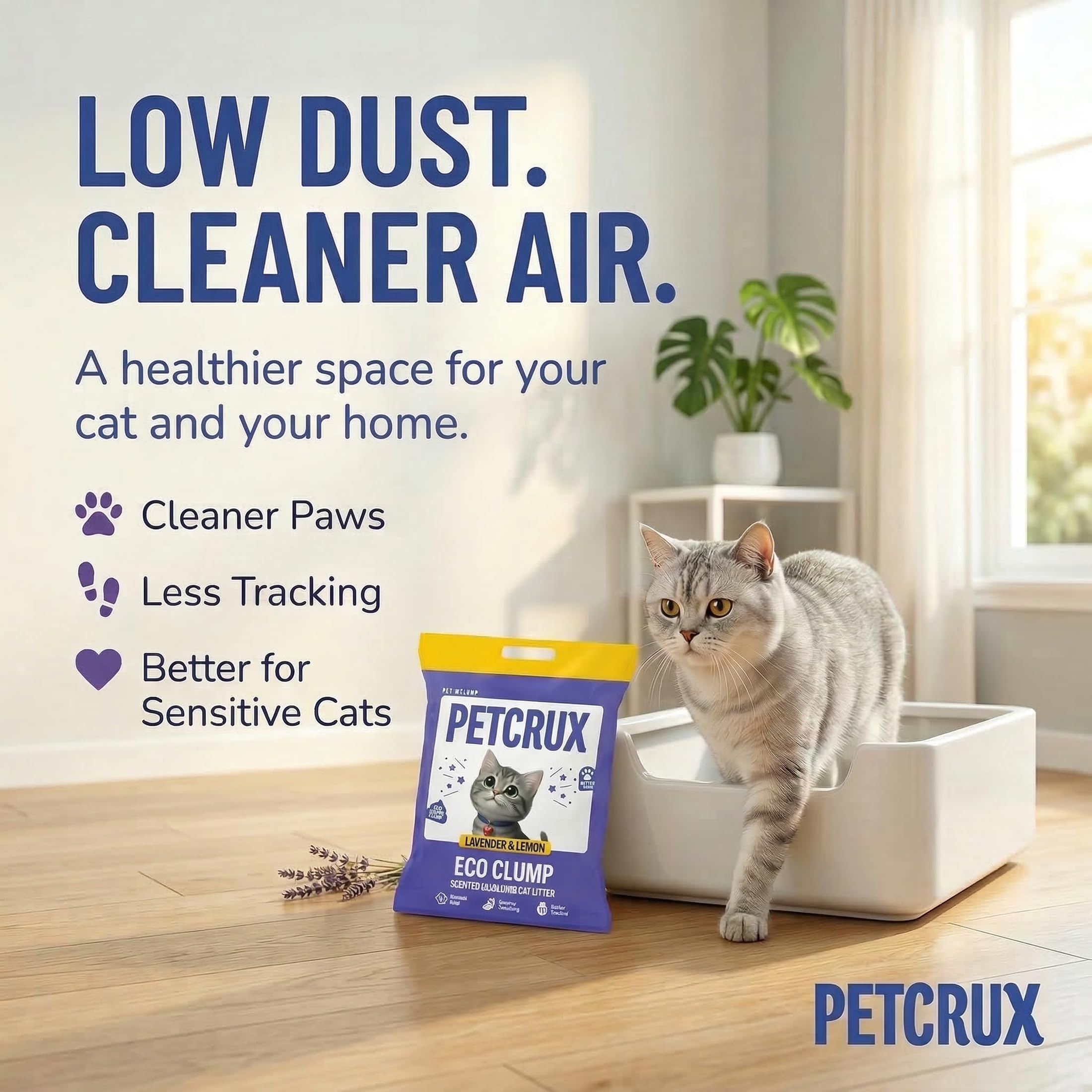 PetCrux Eco Clump Cat Litter 5kg, 2 Packs of 5kg, Lavender & Lemon Scented, 100% Natural Bentonite Clay, 99% Dust-Free, Low-Tracking, Rapid Clumping & Odour Lock, for All Breeds 2