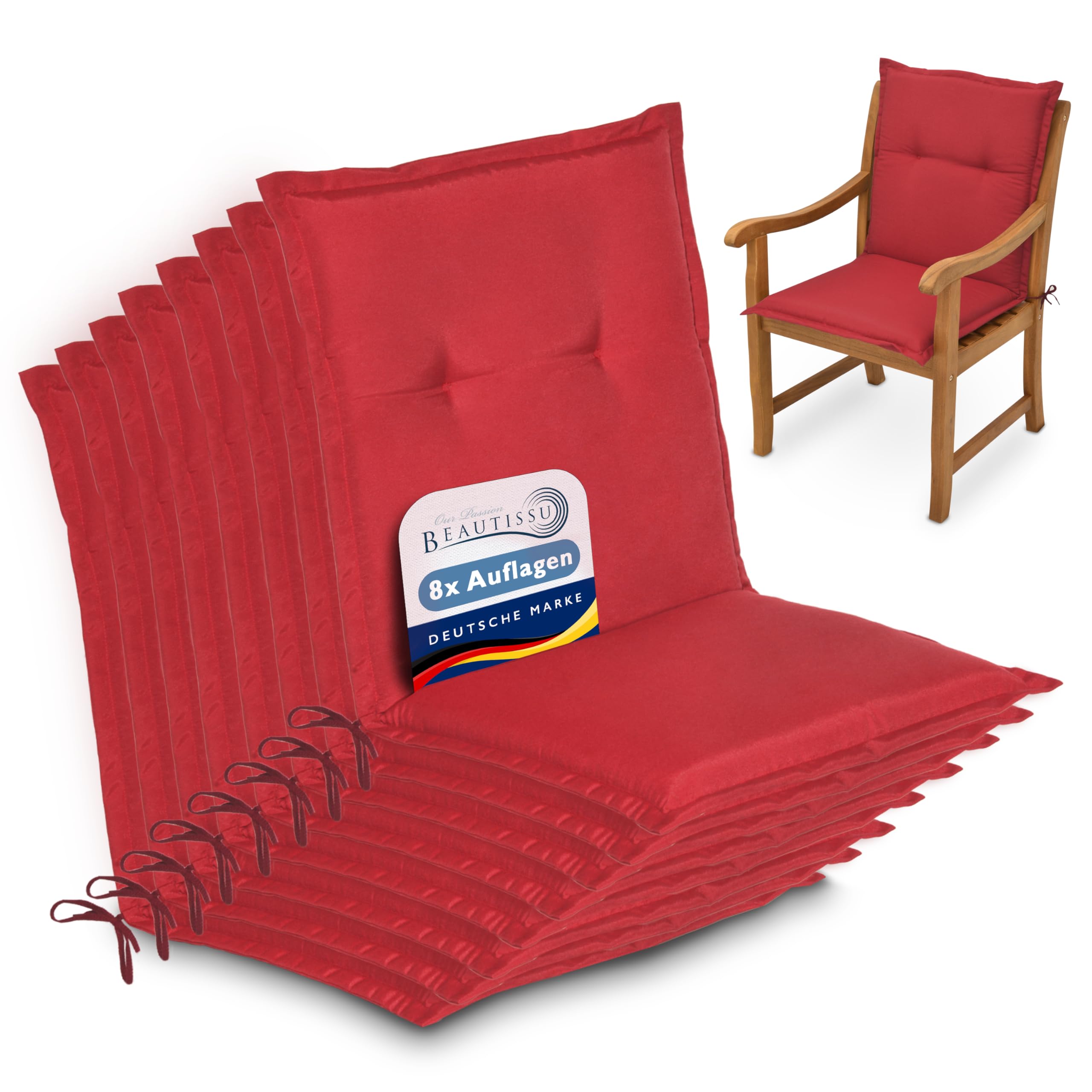 Beautissu Lowback Outdoor Chair Cushions 100x50x6 cm Loft NL - Set of 8 Seat Cushions for Garden Chairs with Backs Recliner Patio Chair Sunbed Bench - Red