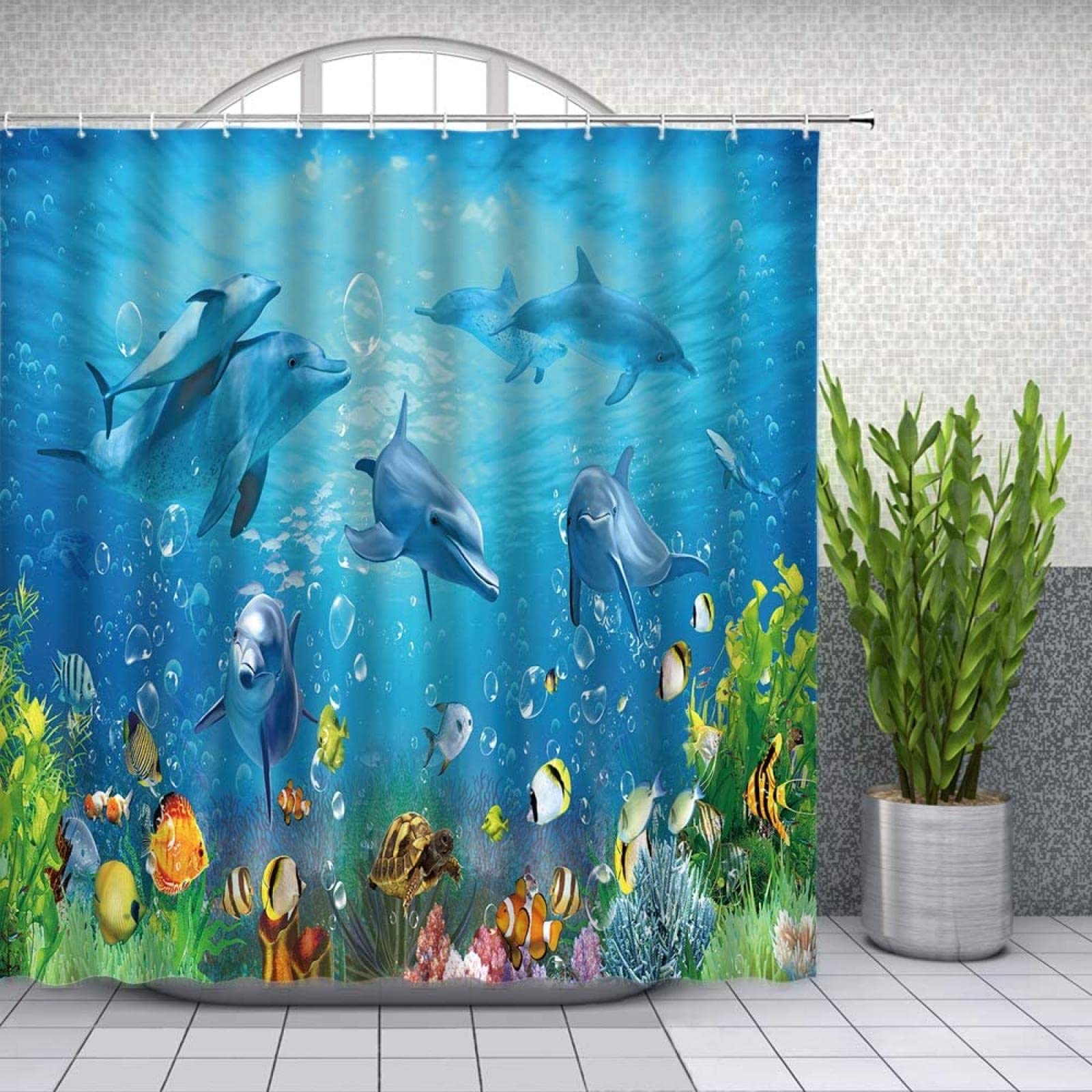 Meereslandschaft Duschvorhänge Unterwasserwelt Delphin Farbe Fisch Schildkröte Meer Tier Themen Badezimmer Stoff Vorhang zum Aufhängen 183x200cm/BxH