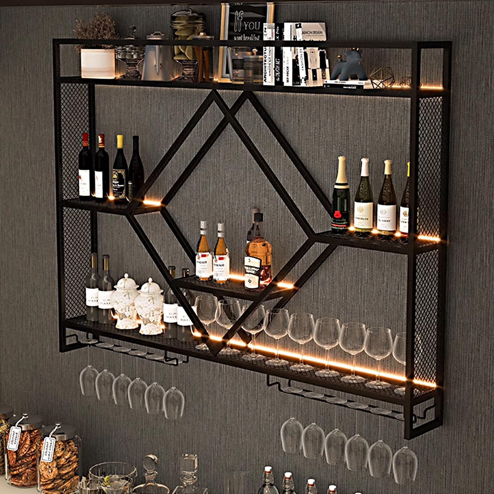 Botelleros Originales de Pared Botellero de Hierro Soldado Lacado, Botellero Vino Pared con Luz LED y Portavasos, for Bar Restaurante Club(Black,100 * 15 * 80cm)
