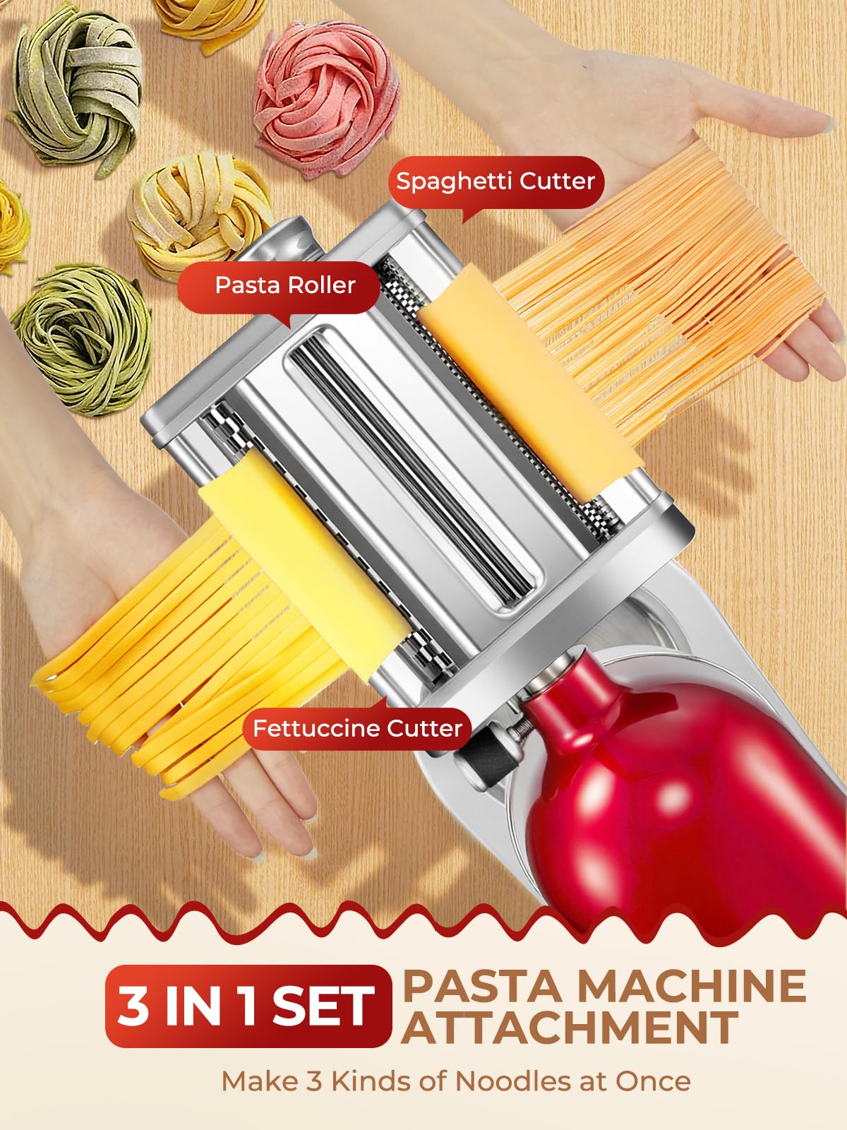 FOHERE 3 in 1 Pasta Zubehör für KitchenAid Standmixer, Edelstahl Nudelaufsatz Set für KitchenAid Nudelvorsatz, Inkl FettuccineSchneider, SpaghettiSchneider & Nudelwalze