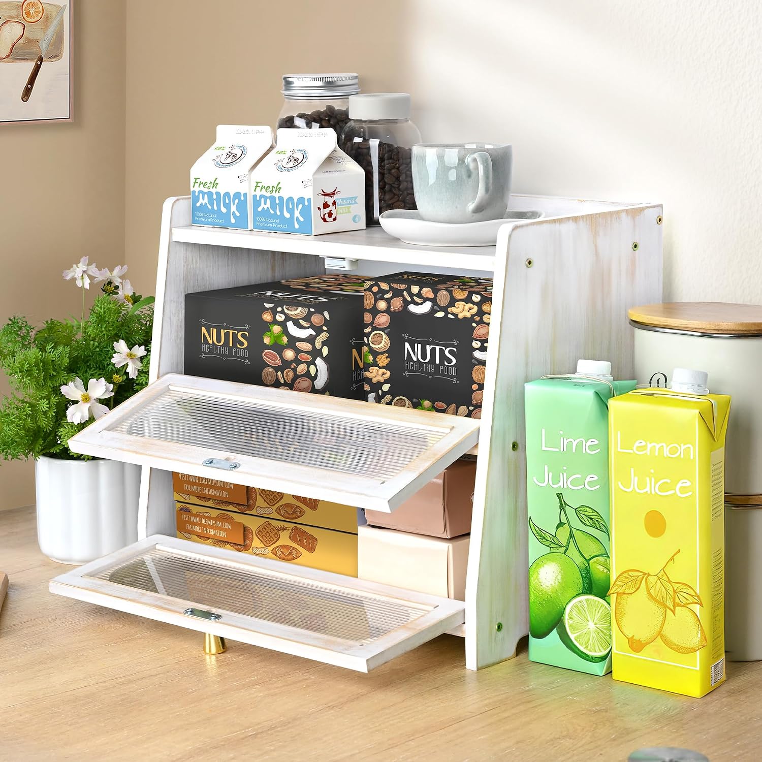Vintage Double Layer Bread Box for Kitchen Countertop, Bamboo Bread Storage Container, Breadbox for Homemade Bread, Large Capacity Bread Bin(White)