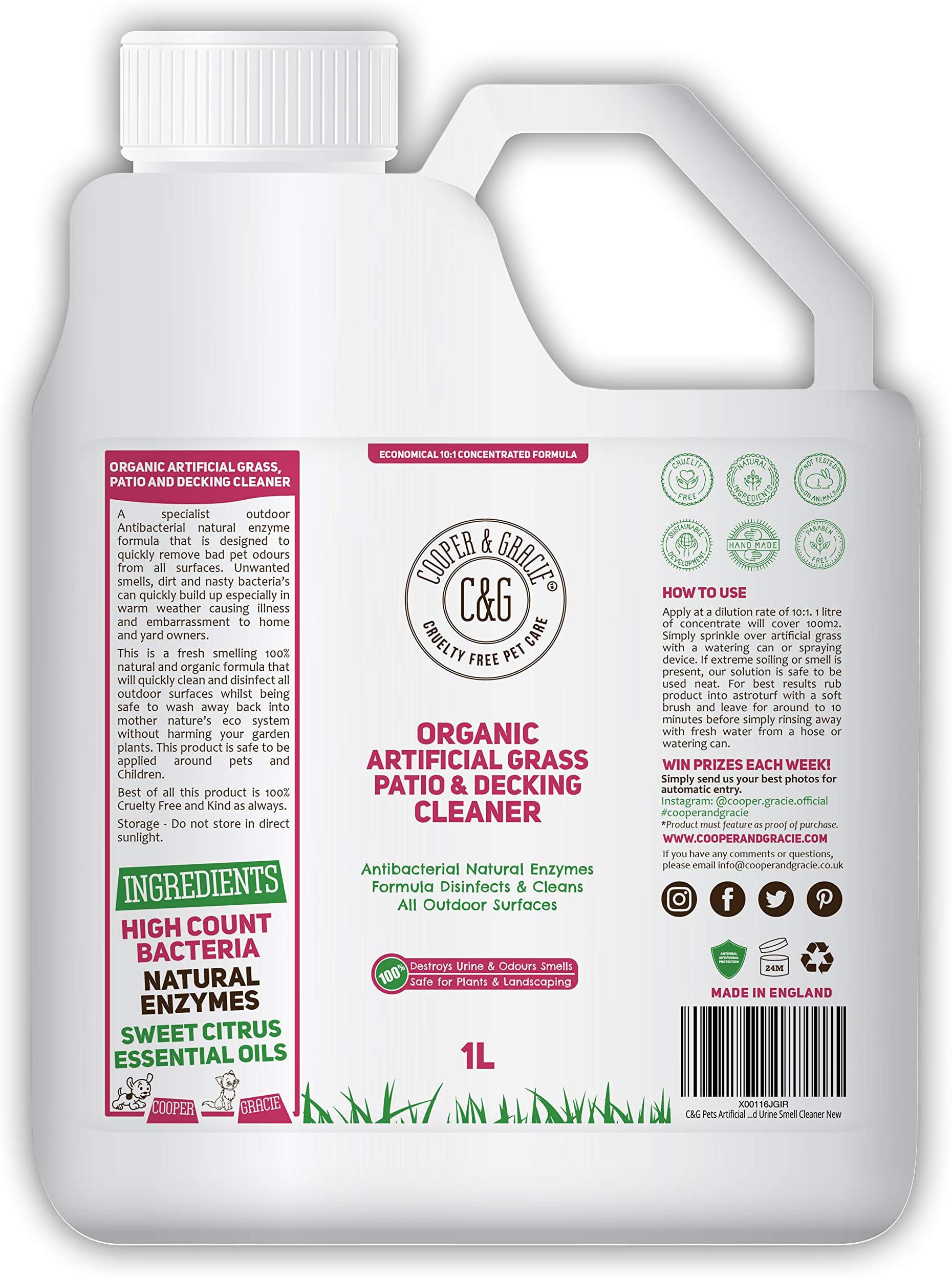 C&G Pets Organic Artificial Grass, Patio And Decking Cleaner | Destroys Pet Cat Dog Urine Smells | Antibacterial Natural Enzymes Disinfectant Will Totally Destroy Outdoor Urine Stains 1 Litre