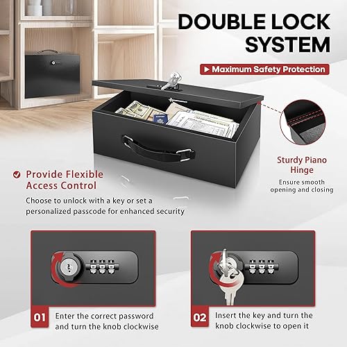 Miniatura 3 de YIYITOOLS Caja de seguridad ignífuga con llave y cerradura de combinación, caja de documentos segura contra incendios, portátil, resistente al