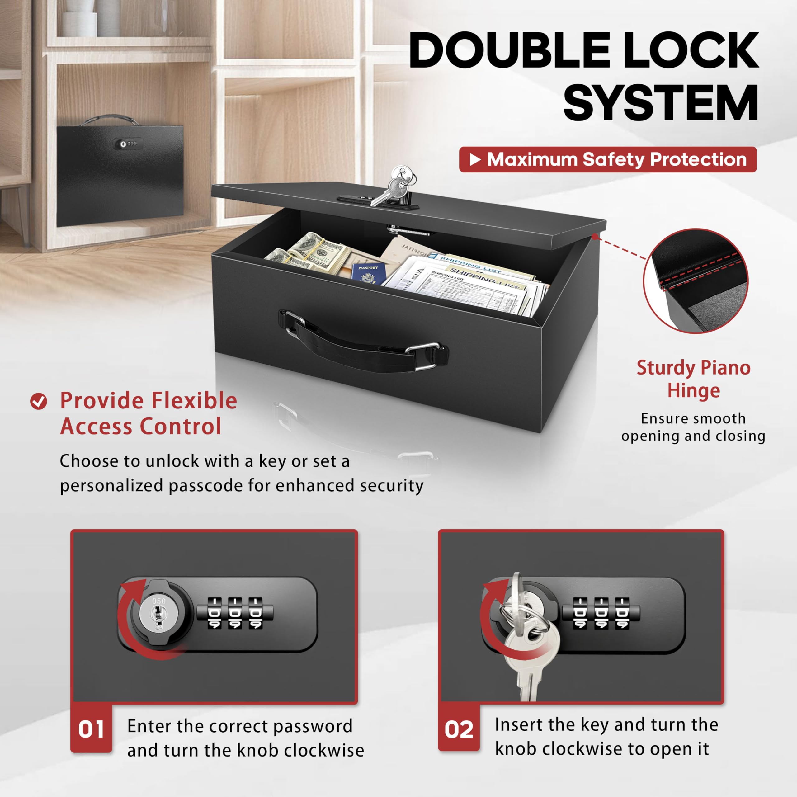 YIYITOOLS Caja de seguridad ignífuga con llave y cerradura de combinación, caja de documentos resistente al fuego, portátil, ignífuga, impermeable, segura para el hogar, oficina, viajes