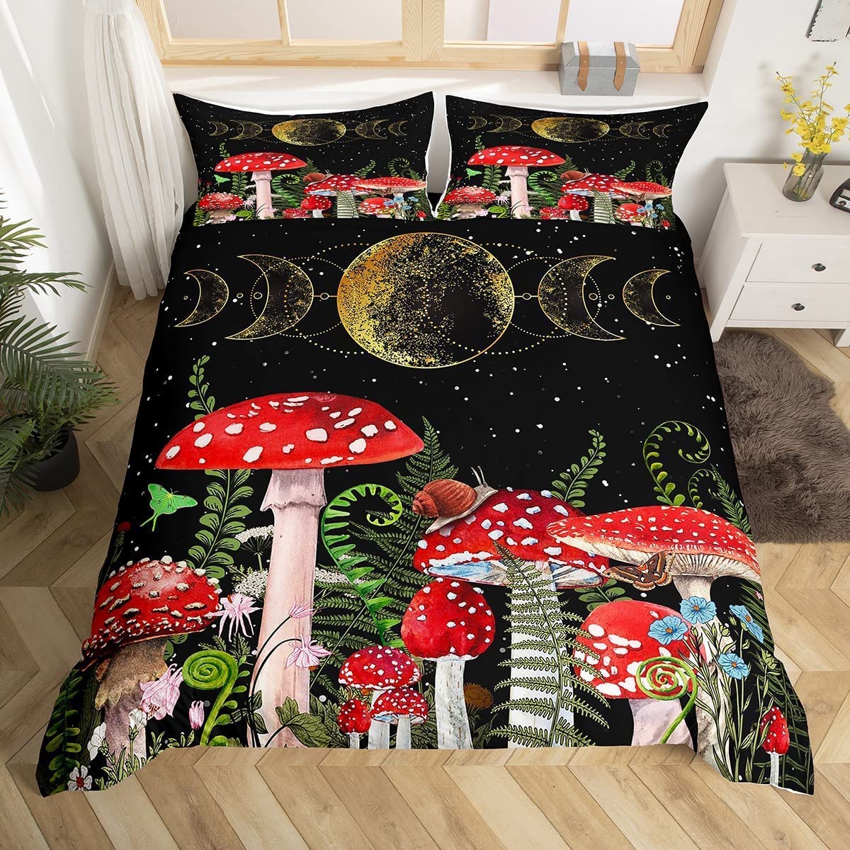 richhome Watercolor Mushroom Duvet Cover King Size Cute Snail Butterfly Flowers Bedspread with Ties for Teens Adults Starry Galaxy Gold Moon Breathable Comforter Sets 3 Pieces Decorative Bed Cover