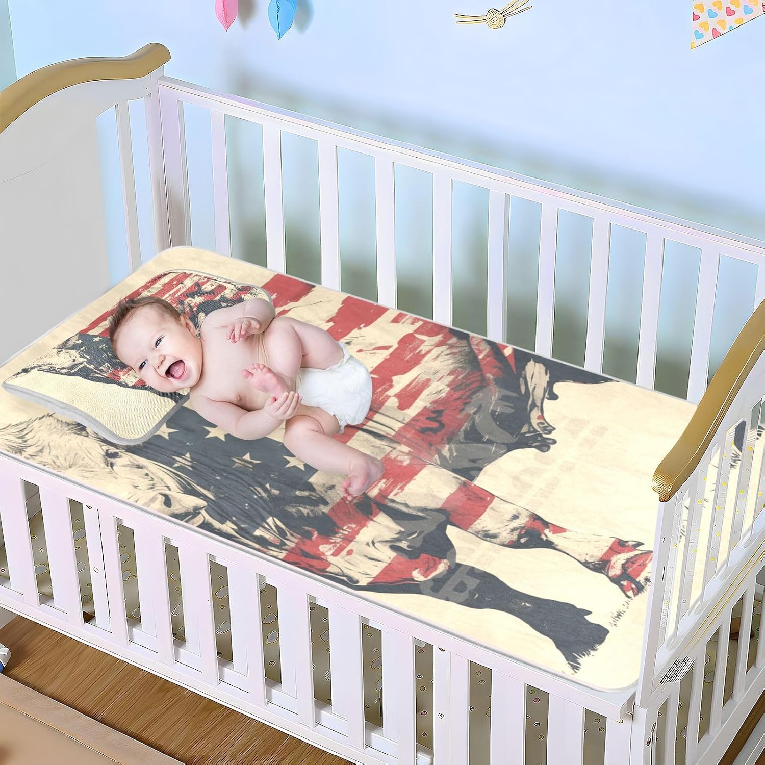 Cartoon Cow 4th of July Independence Day Cooling Baby Mattress pad Waterproof 28" x 52" Reusable Mattress Protector Pads for Baby&Toddler