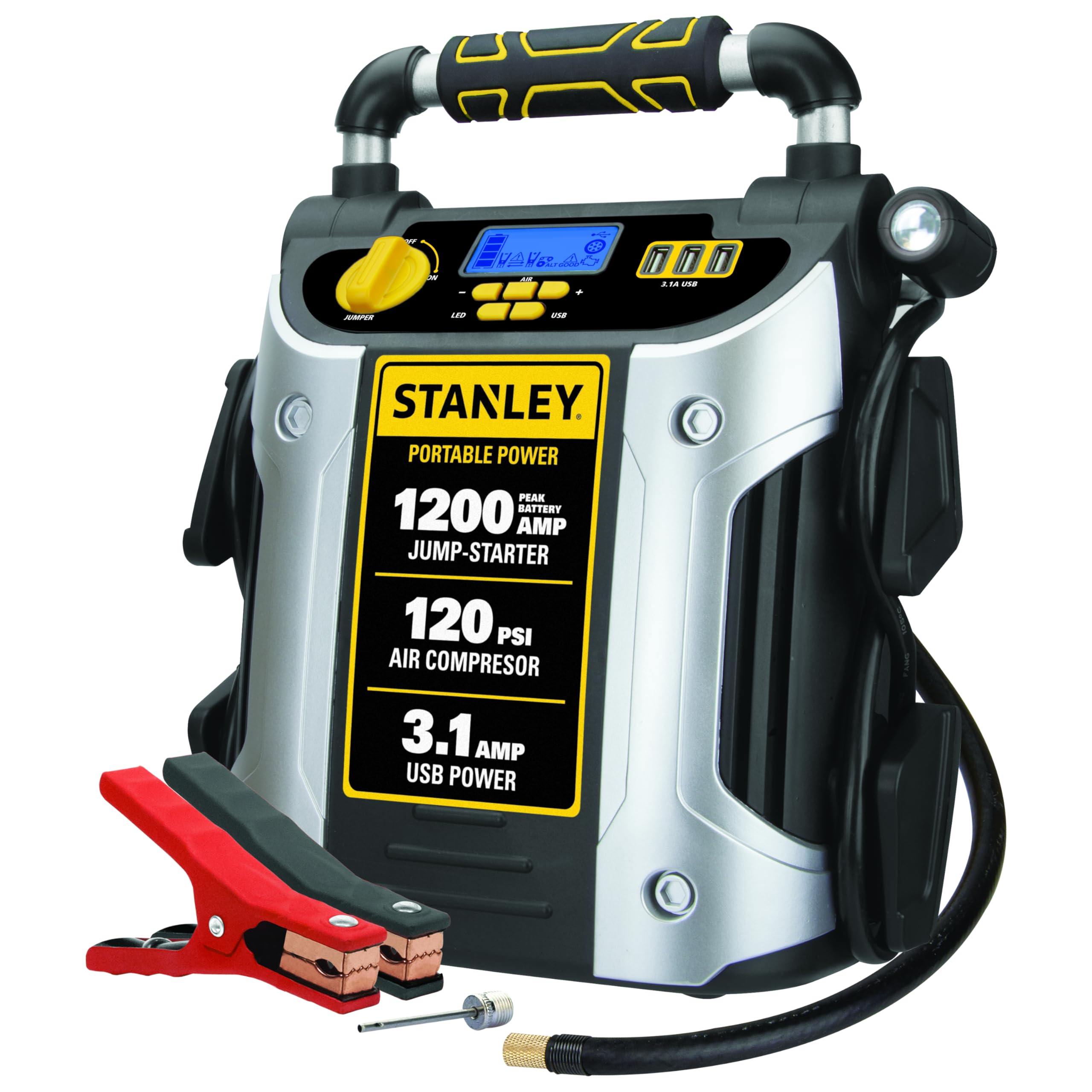Amazon.com: Stanley J5C09D 1200 Peak Amp Automotive Jump Starter, Portable  Power  2.1A/10W USB Port, 120 PSI Air Compressor : Automotive