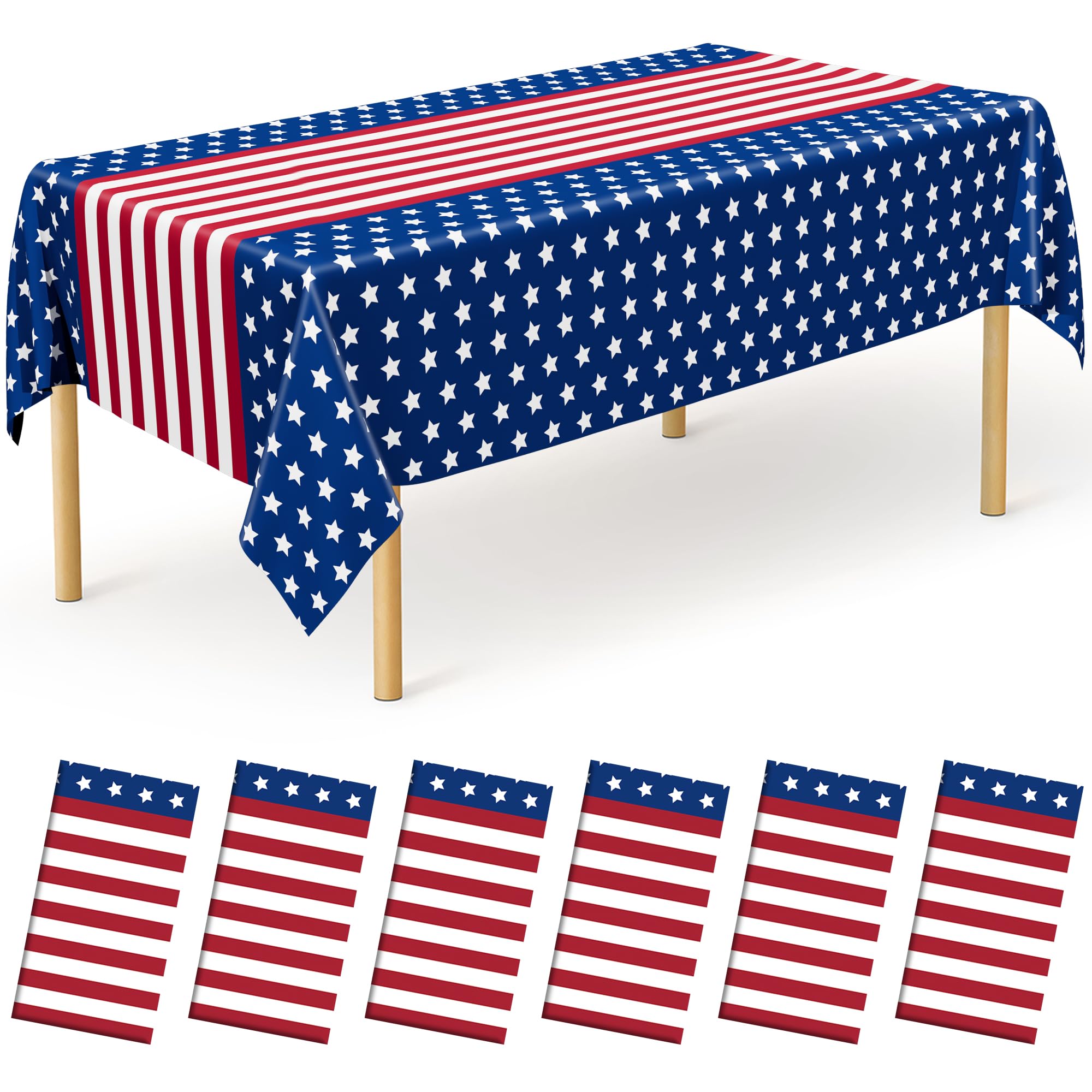 QZYL 6 Pack 4th of July Decorations, 54 x 108 USA Plastic Table Cover, Water Proof Fourth of July Tablecloth Patriotic Tablecloths, Red White Blue USA Decor Memorial Day Party Supplies