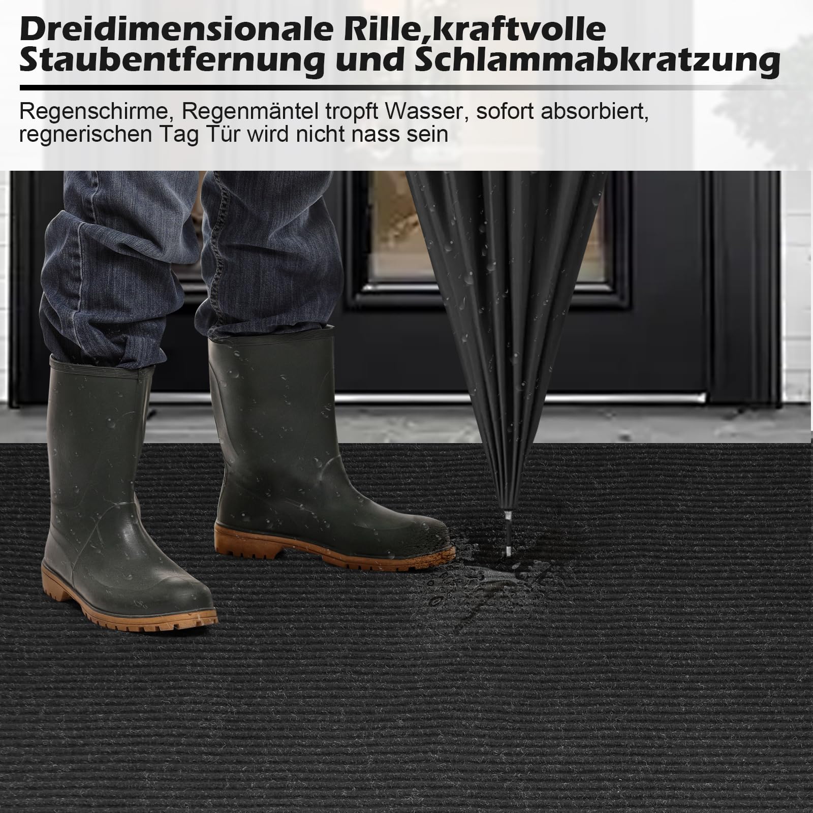 uyoyous Teppich Läufer Flur, rutschfest Schmutzfangmatte Meterware, 90×300 cm Streifenmuster Teppichläufer Küchenteppich, Waschbar Flurteppich für Eingänge, Küche, Wohnzimmer, Korridor-Schwarz