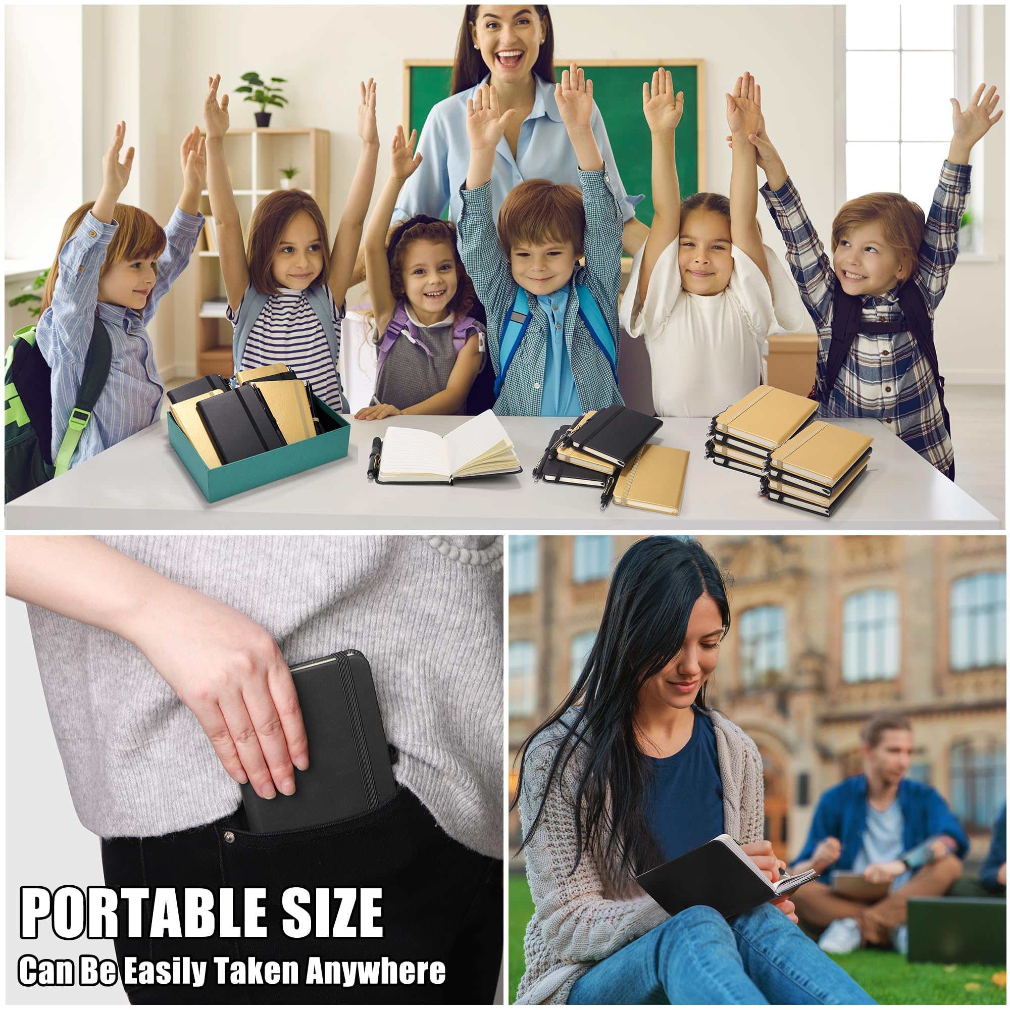 Aodaer 50 juegos de cuadernos de bolsillo con bolígrafos, 160 páginas, 3.5 x 5.5 pulgadas, mini cuaderno rayado A6, tapa dura de cuero con soporte para bolígrafo, para escuela, oficina, negro y dorado