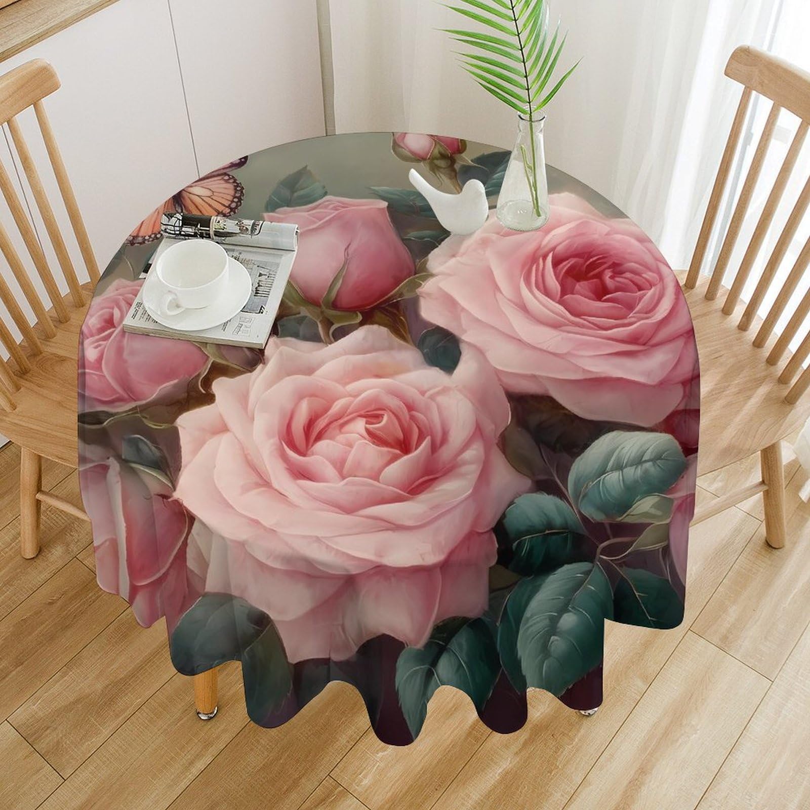 Nappe ronde imperméable 178cm lavable motif fleurs et papillons pour table de salle à manger