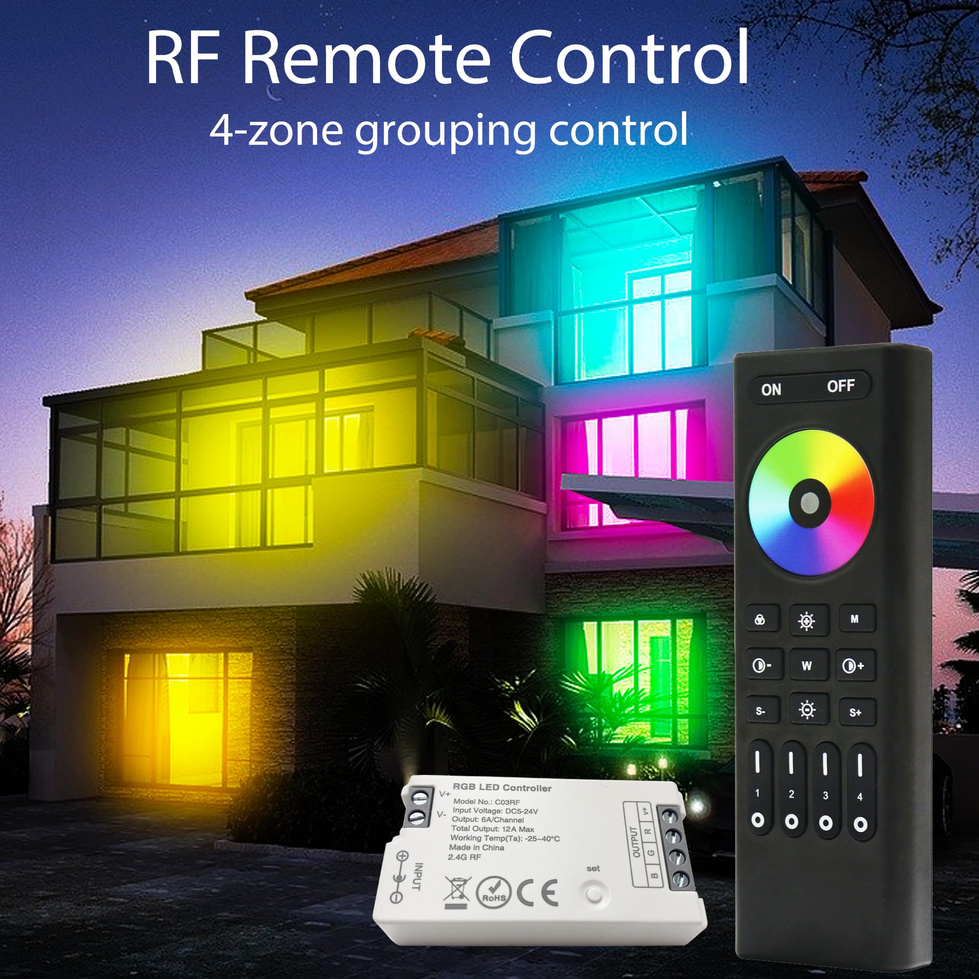 GIDEALED RGB LED Controller with RF Remote Control,2.4GHz Wireless LED Controller+4 Zone Remote Control Kit Group Control 4 Wire DC5V DC12V DC24V RGB LED Strip Light Dimming Change Color - Image 3