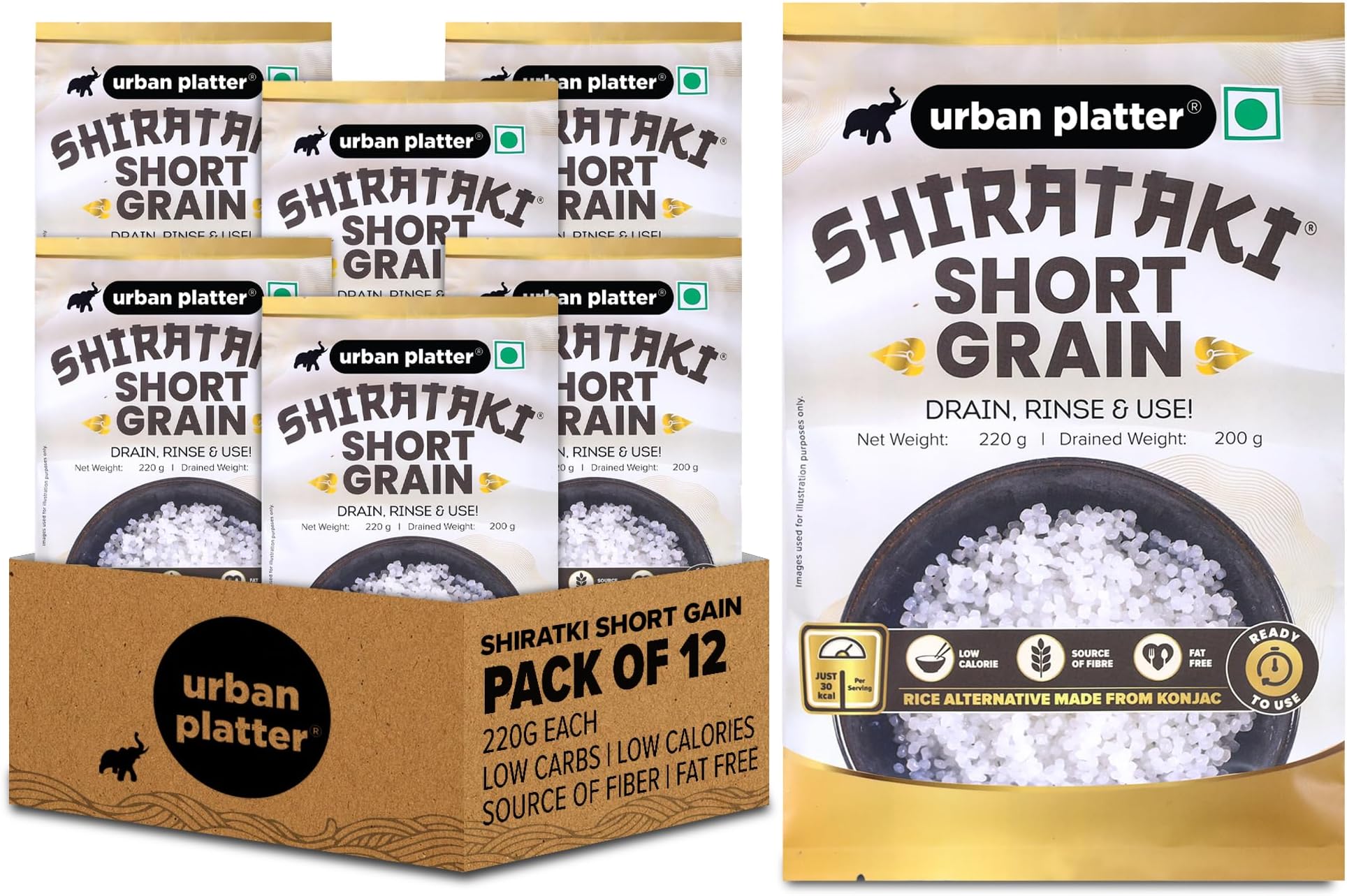 Urban Platter Shirataki Short-Grain Rice, 220 g, Pack of 12 (Ultra Low-Carb, Low-Calorie, Keto-Friendly, Fat-Free, Gluten-Free Alternative To Rice)