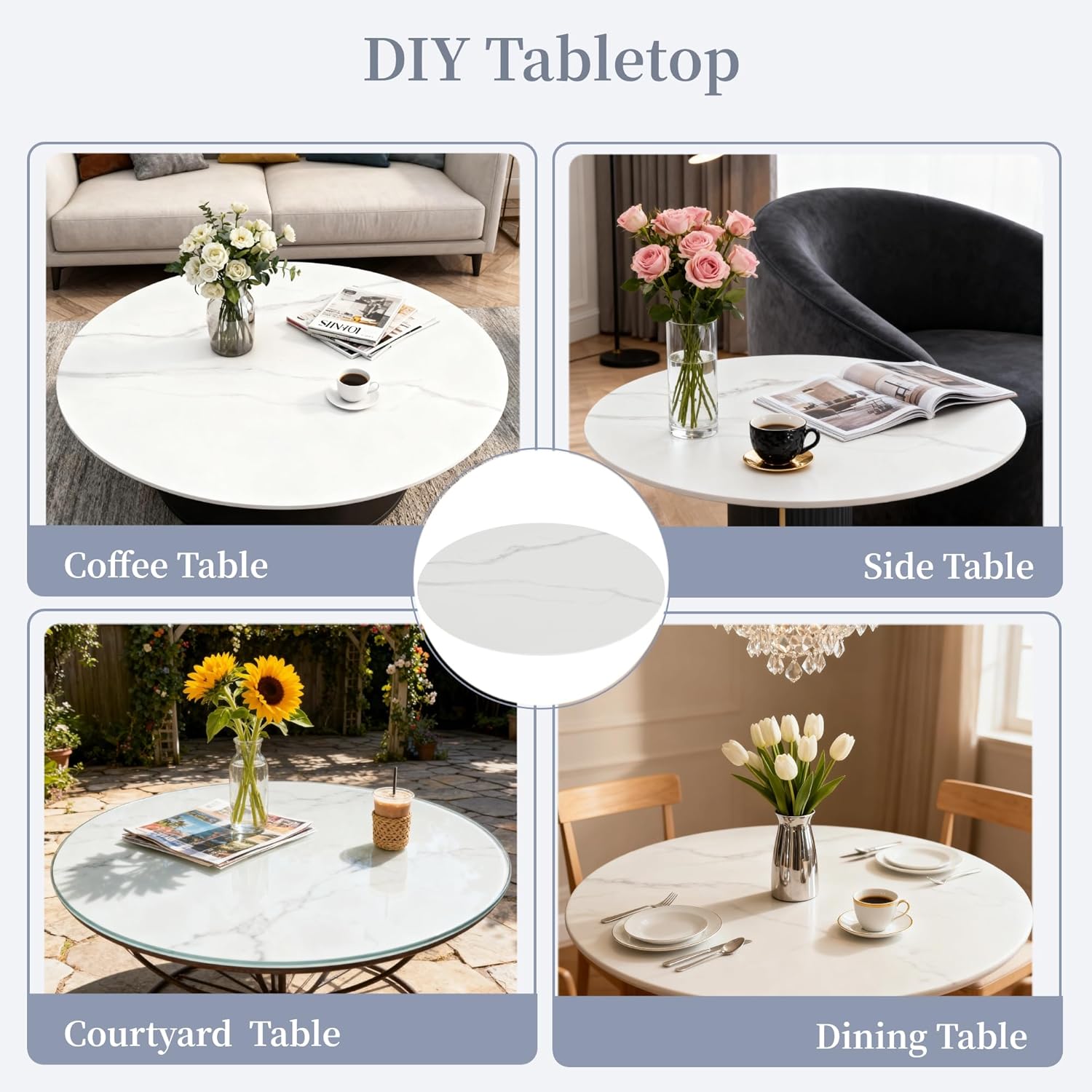 Round Table Top Multiple Sizes - Tempered Glass with Marble Design, Shatter-Resistant & Heatproof Surface Protector, Multipurpose for Dining/Coffee/Patio/End Table DIY Replacement (White, 20 inch)