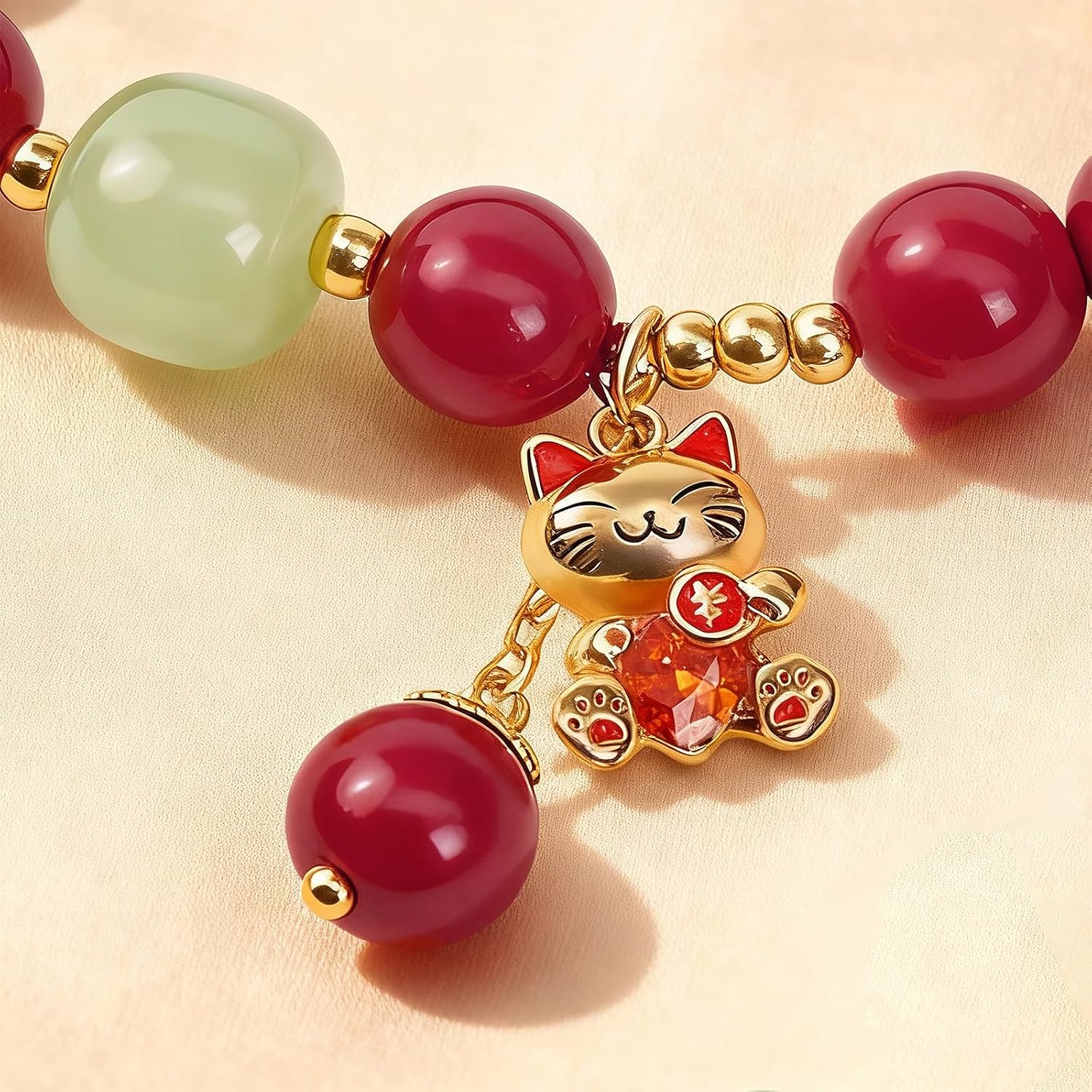 Mothers Day Gifts 8mm Red Cinnabar Bracelet for Women, Feng Shui Lucky Cat Charm Bracelet with Jade, Healing Bracelets Attract Wealth and Good Luck, Stretch Bead Jewelry