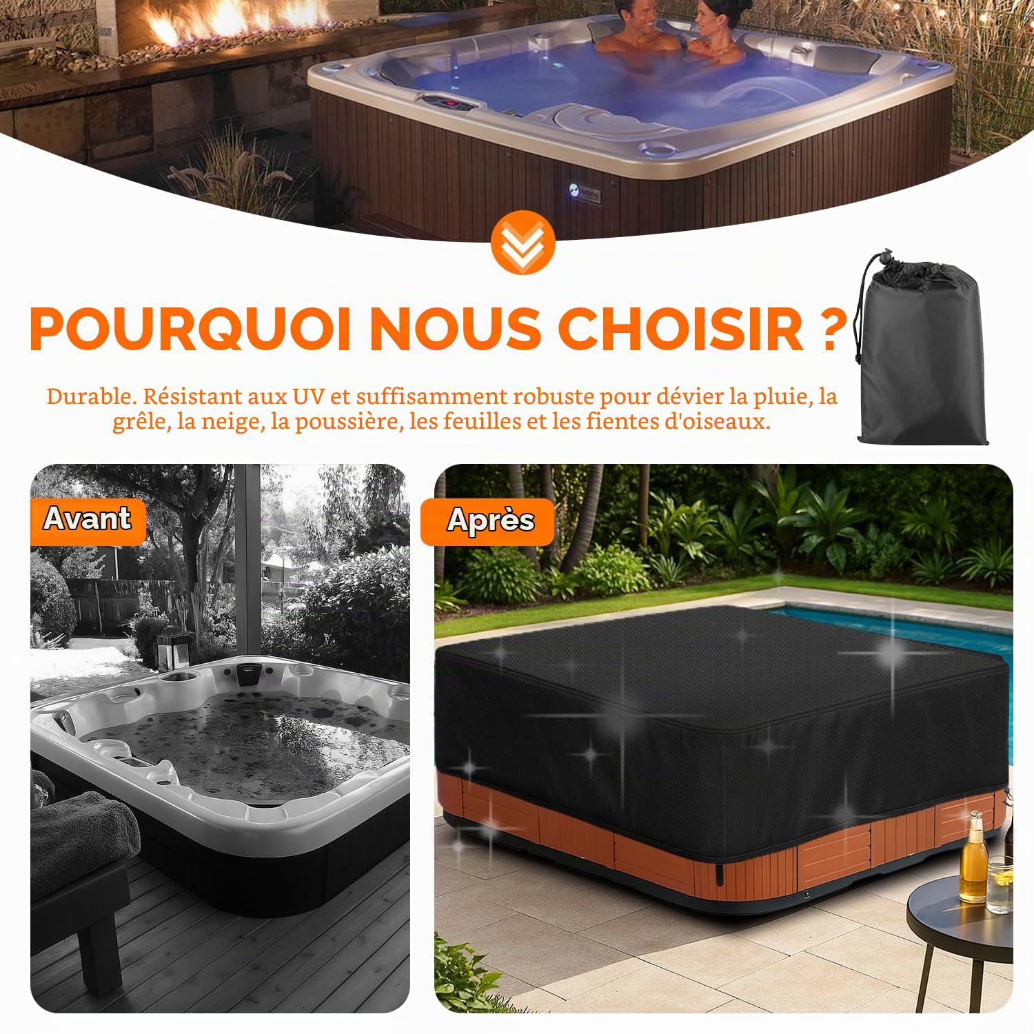 Housse De Protection Spa Couverture,Bache Spa ImperméAble,Tissu Oxford 420D,Bain à Remous Étanche à la poussière et aux UV Coupe Vent - Noir (200 * 200 * 85 cm)