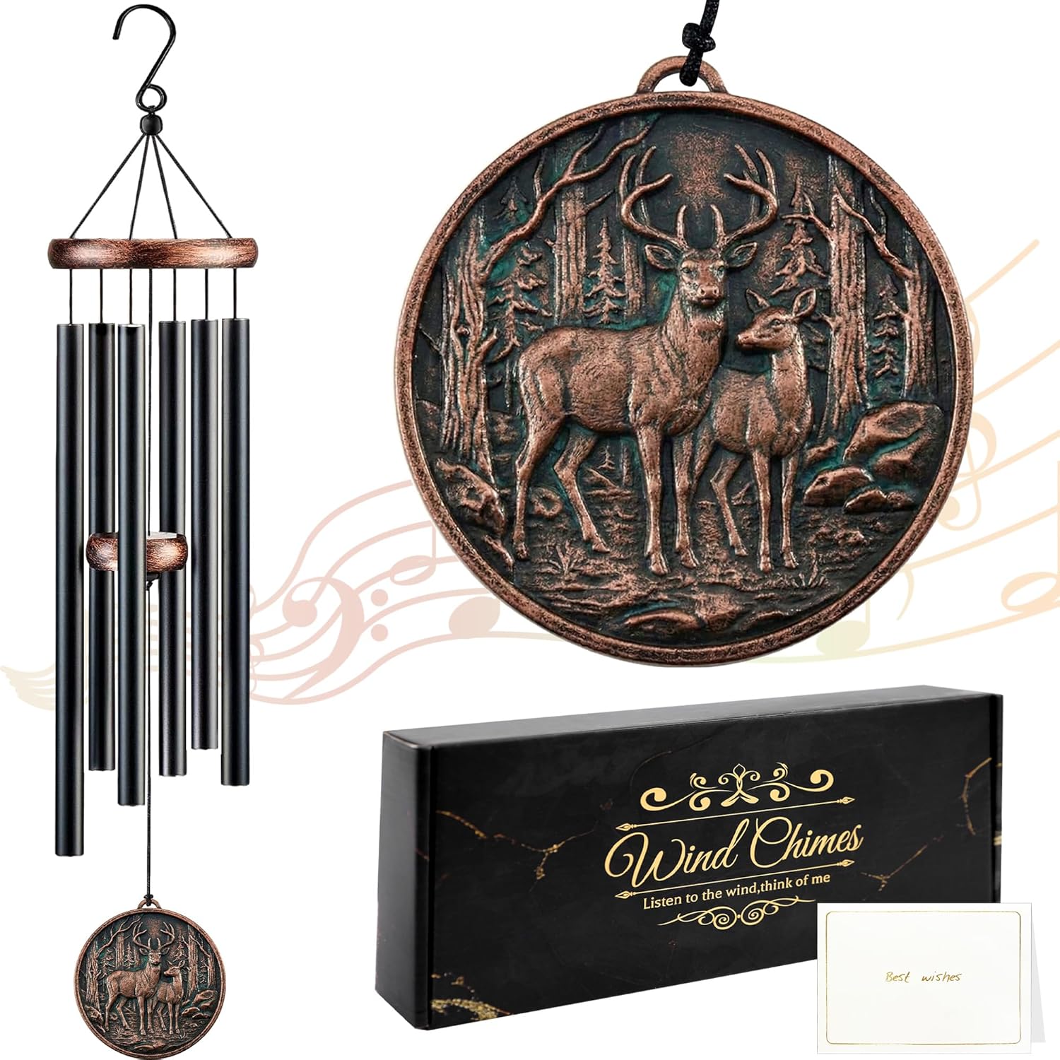 Deer Wind Chimes for Outside, Memorial Gift for Men Women, 32in Resin 3D Deer Relief Windchimes for Patio Yard Garden Decor, Mother's/Father's Day Present