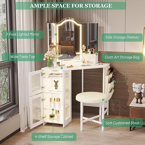 Miniatura 8 de LVSOMT Escritorio esquinero de maquillaje con espejo y luces, tocador de 44 pulgadas con estación de carga, mesa de maquillaje con taburete, armario