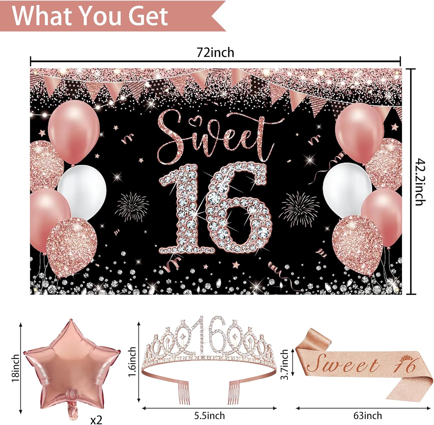Trgowaul Sweet 16th Birthday Decorations for Girls, 30pcs Black Rose Gold Happy Birthday Party Supplies, 16th Crown and Sash, Banner, Hanging Swirl Flag, Balloons, 16 Year Old Party Decorations Kit
