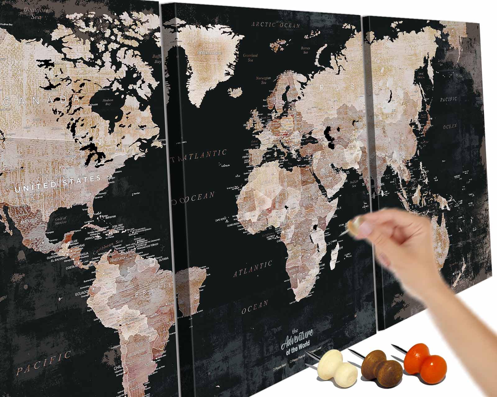 Wall Art for Office Living Room Black Canvas Paintings Push Pin World Map
