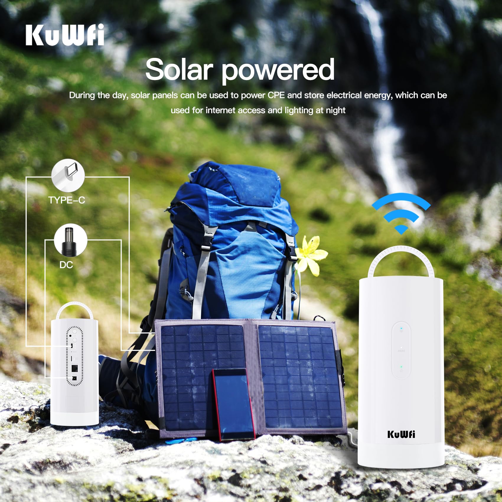 KuWFi Routeur WiFi 4G+ Mobile Double Bande 1200Mbps avec Batterie 10000mAh - Borne WiFi Nomade Extérieure Rechargeable Solaire pour Camping, Van et Randonnée
