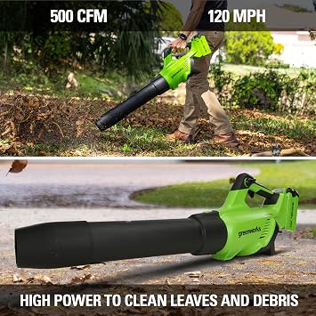 Greenworks 40V (120 MPH / 500 CFM) Leaf Blower, for damp autumn leaves, spring pollen, summer grass clippings, and winter debris across driveways, patios, Includes 2.5Ah Battery and Charger
