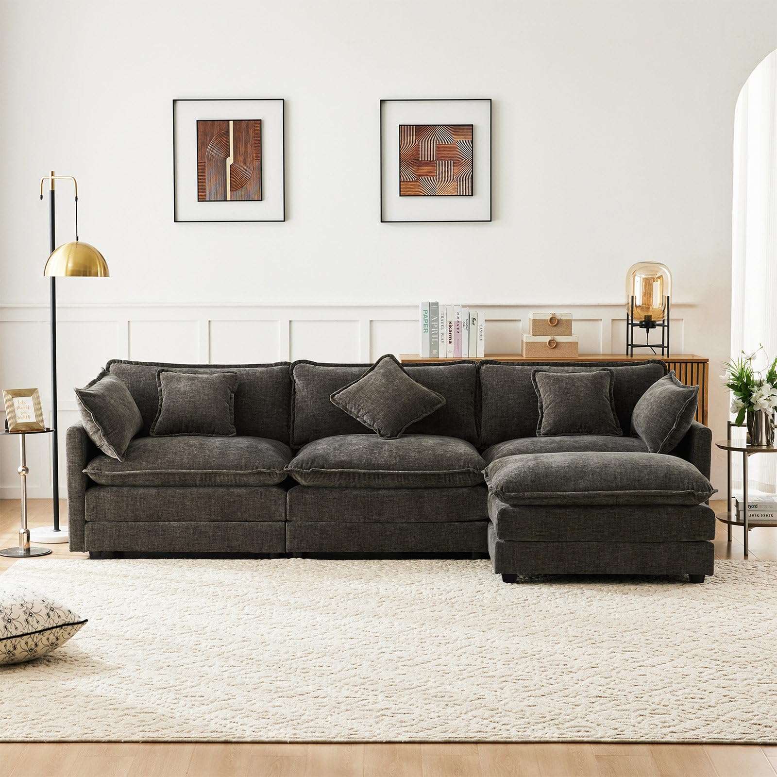 Billg Divano Angolare Componibile, Divano Letto 3 Posti a Forma di L, Tessuto di Ciniglia, 283 x 147 x 84 cm, Grigio