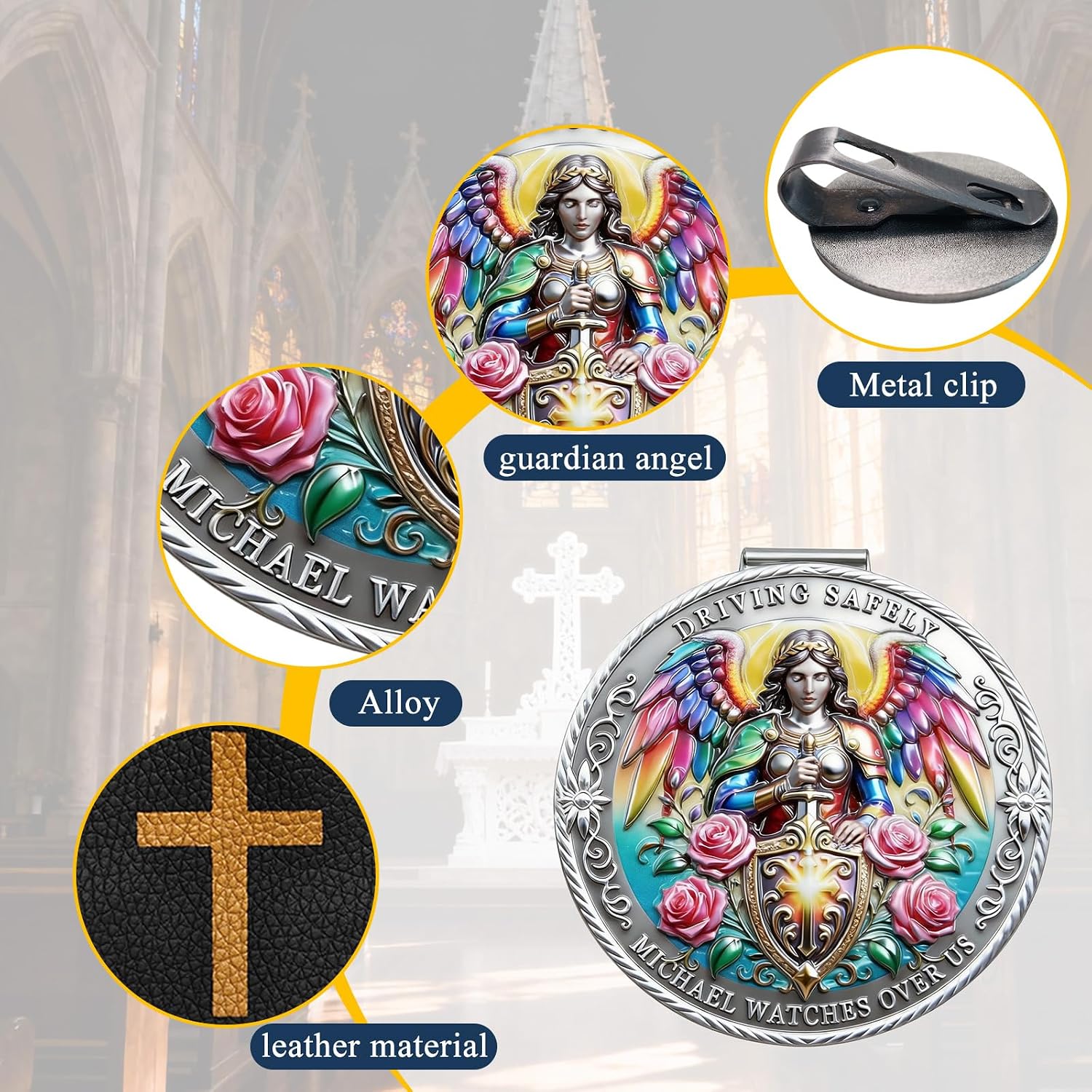 Guardian Angel for Car Visor Clip,with 3D Relief Design and Leather Pouch, Car Visor Clip for Safe Travel image 3