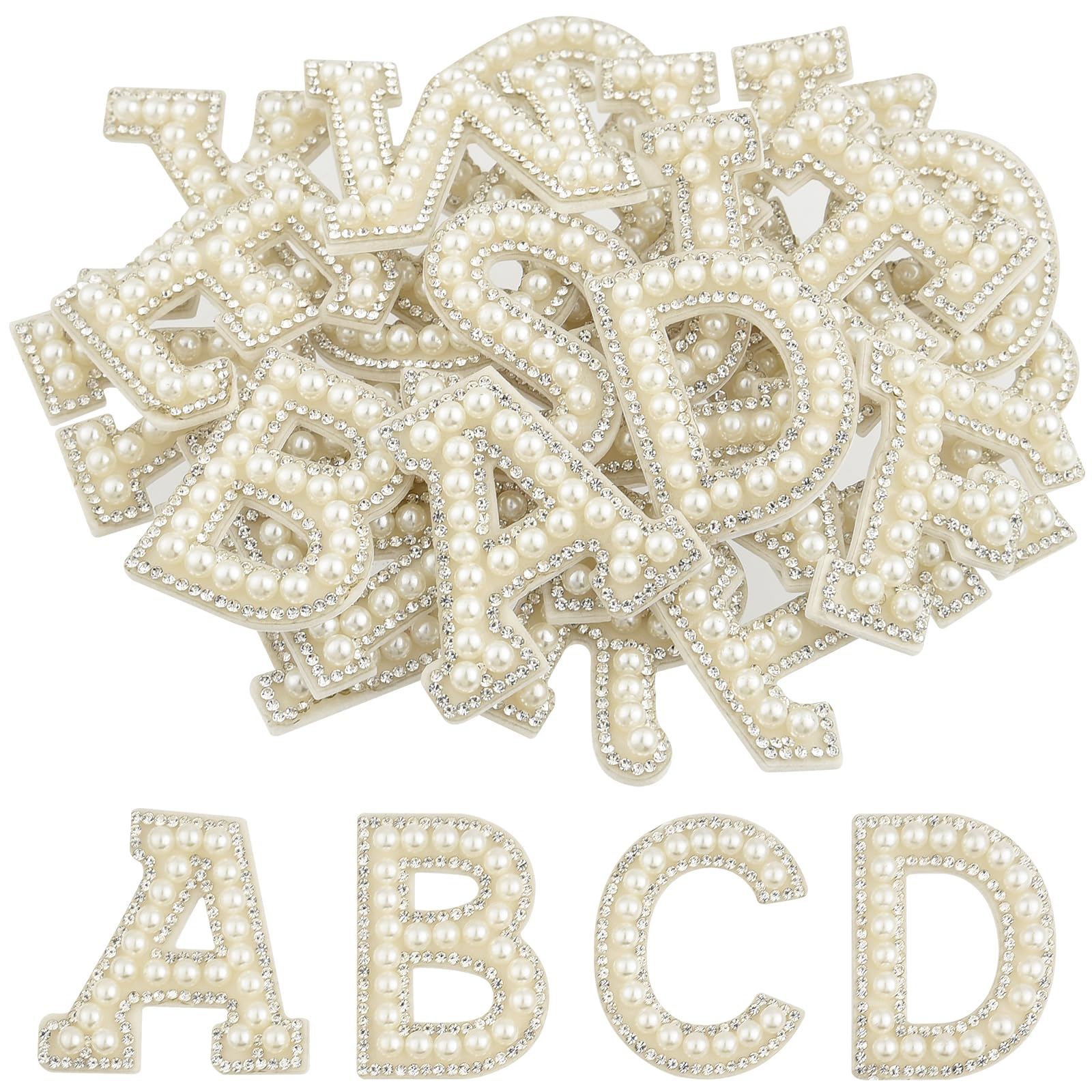 CHRORINE 26/52/78 Pcs Self Adhesive Pearl Rhinestone Letter Patches A-Z, Pearl Letter Alphabet Stickers for Hats, Clothes, Pants, Bags (26, White, Height 1.9″)