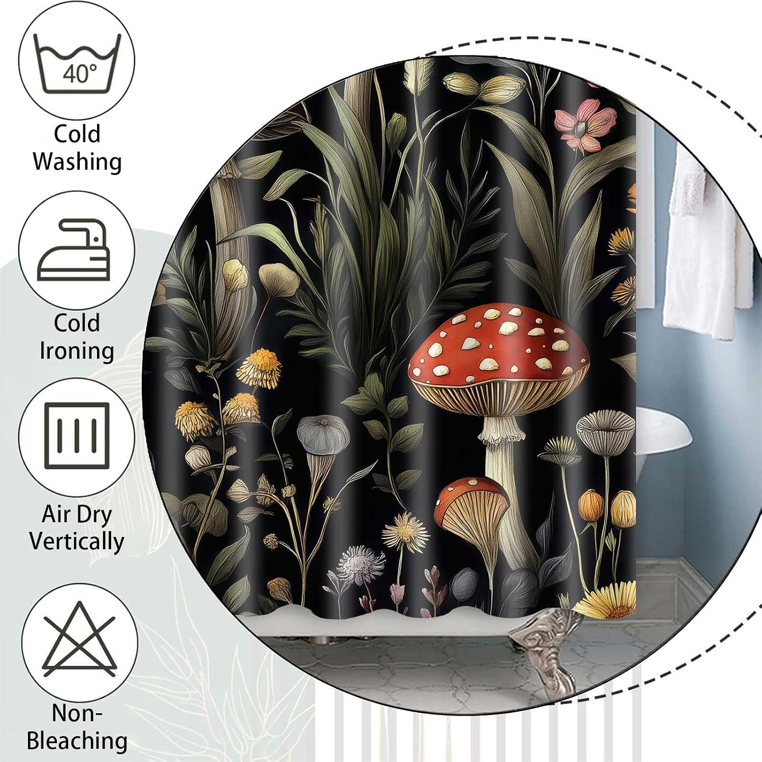Mushroom Floral Shower Curtain, Vintage Botanical Wildflower Waterproof Fabric Shower Curtains, Boho Cottagecore Aesthetic Bathroom Decor, 72x72 Inch with Hooks
