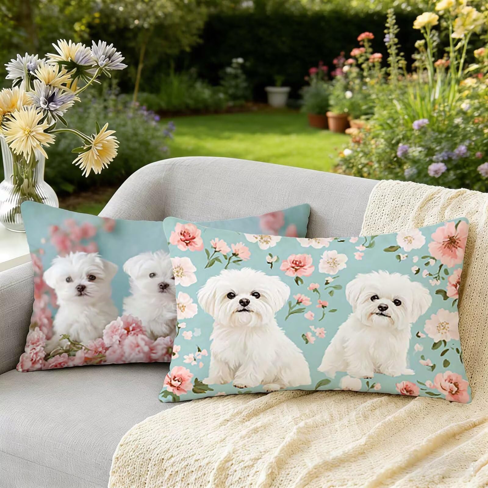 Housse coussin imperméable lin blanc 25 x 45 pour décoration canapé jardin