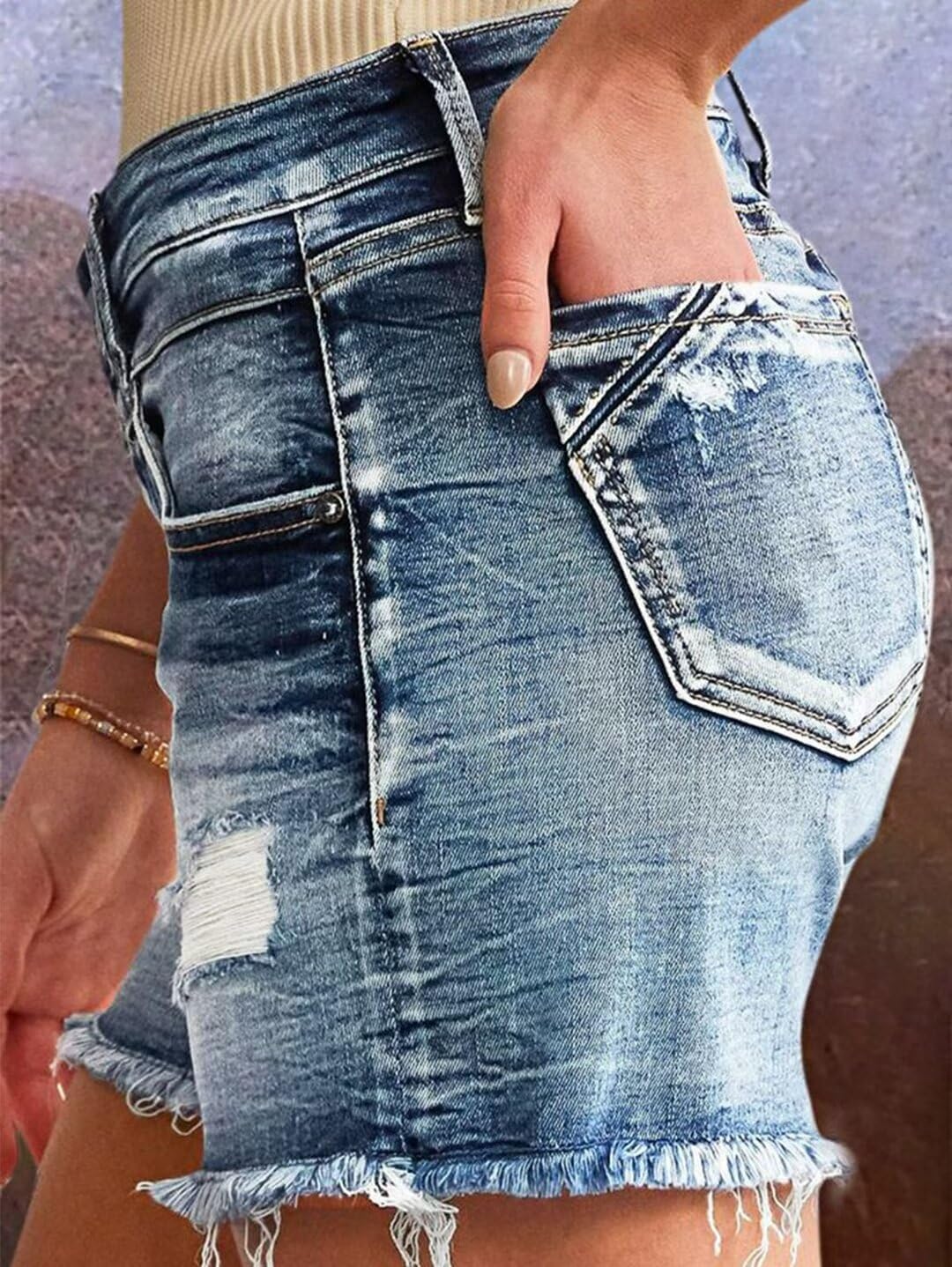 Flamingals Women's Double Button Ripped Raw Hem Summer Casual Mid Waist Denim Shorts - Image 2