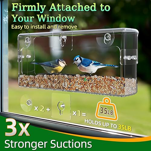 Miniatura 3 de Ermete Comedero para pájaros de ventana con ventosas fuertes, alimentador transparente de visión grande, bandeja de semillas, 13 x 5.5 x 4.2