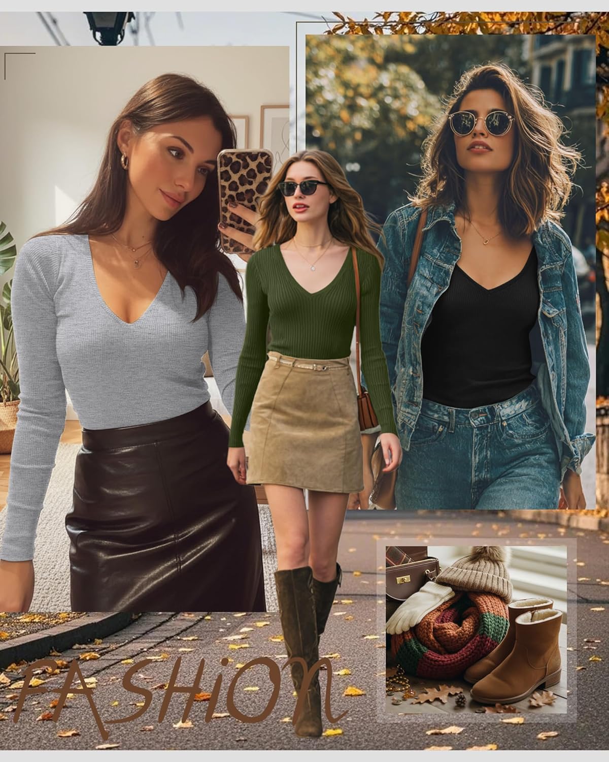 Ficerd 3 Pack Women's Long Sleeve T Shirts Cotton V Neck Slim Fit Tops Ribbed Knit Layering Casual Basic Tees Fall - Image 2