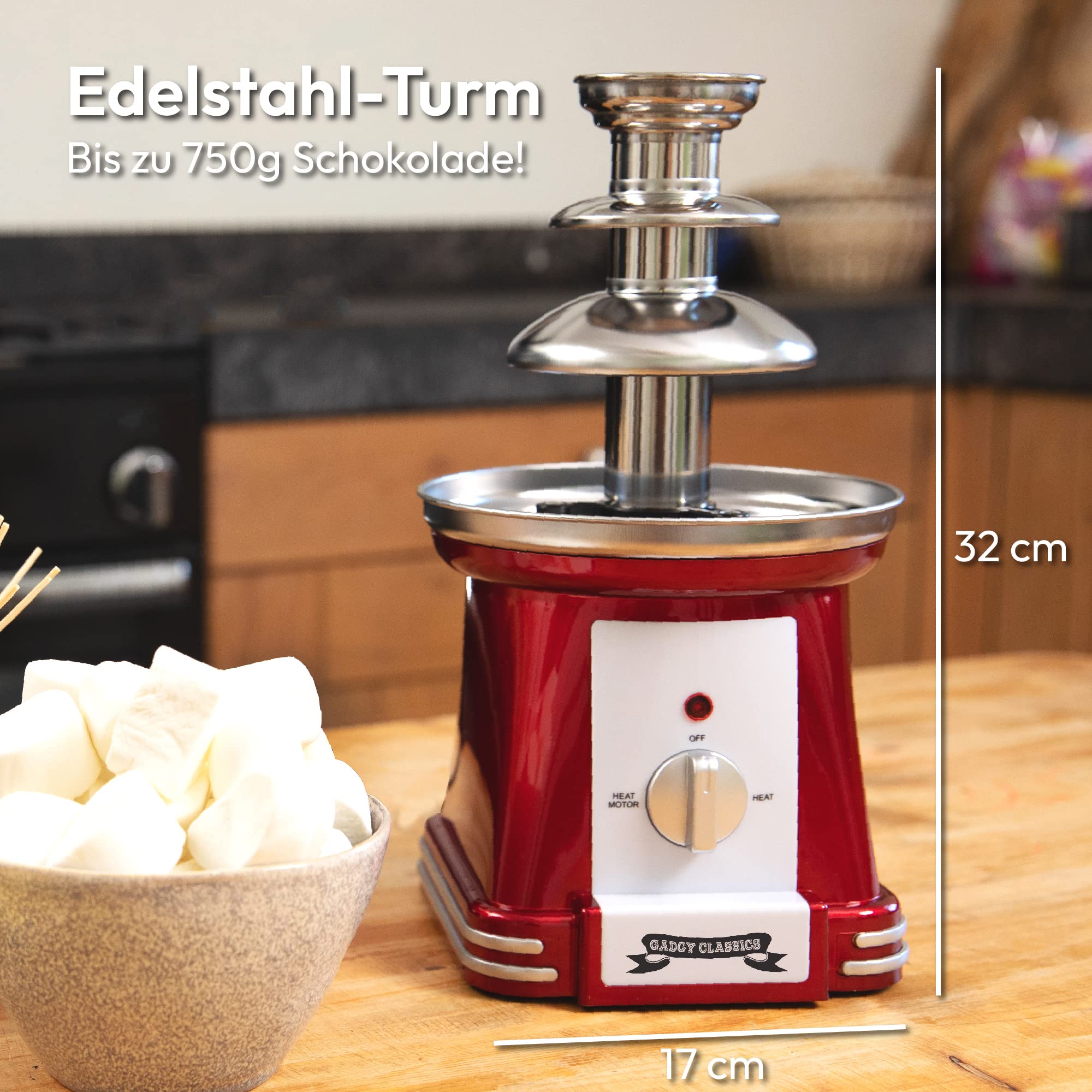 Gadgy Schokobrunnen 3-stufig - Schoko Brunnen aus Edelstahl - Schokoladenbrunnen Retro-Look - Schokoladen Fondue 90 Watt - Schokofondue mit Schmelzfunktion - Schokoladenfondue Chocolate Fountain Rot