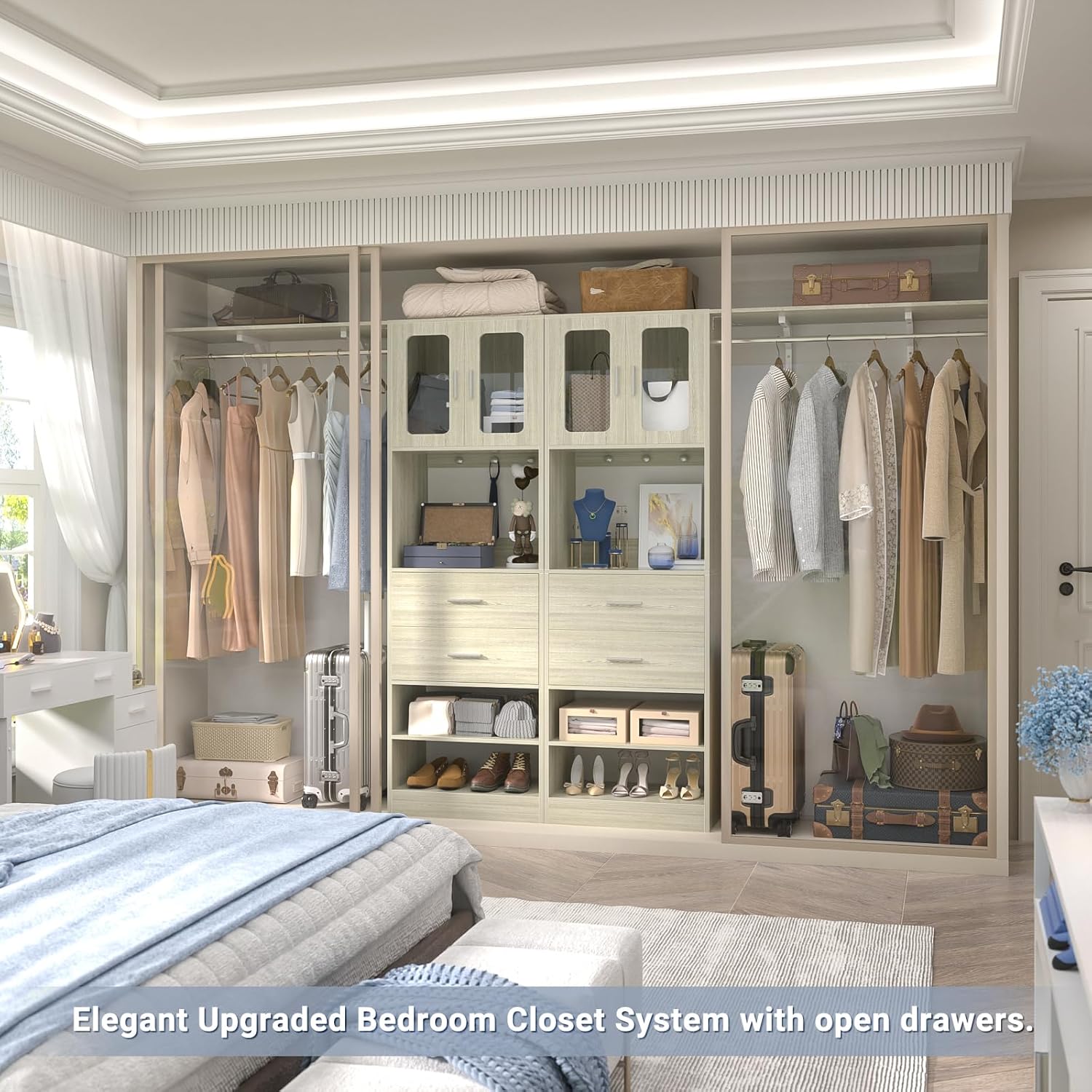 60" Wide x 80" Tall Closet System with Doors and Wooden Drawers, 5FT Adjustable Closet Organizer System for Walk-in Closet, Freestanding Wardrobe Organizers and Storage with Shelves & Hooks, White Oak