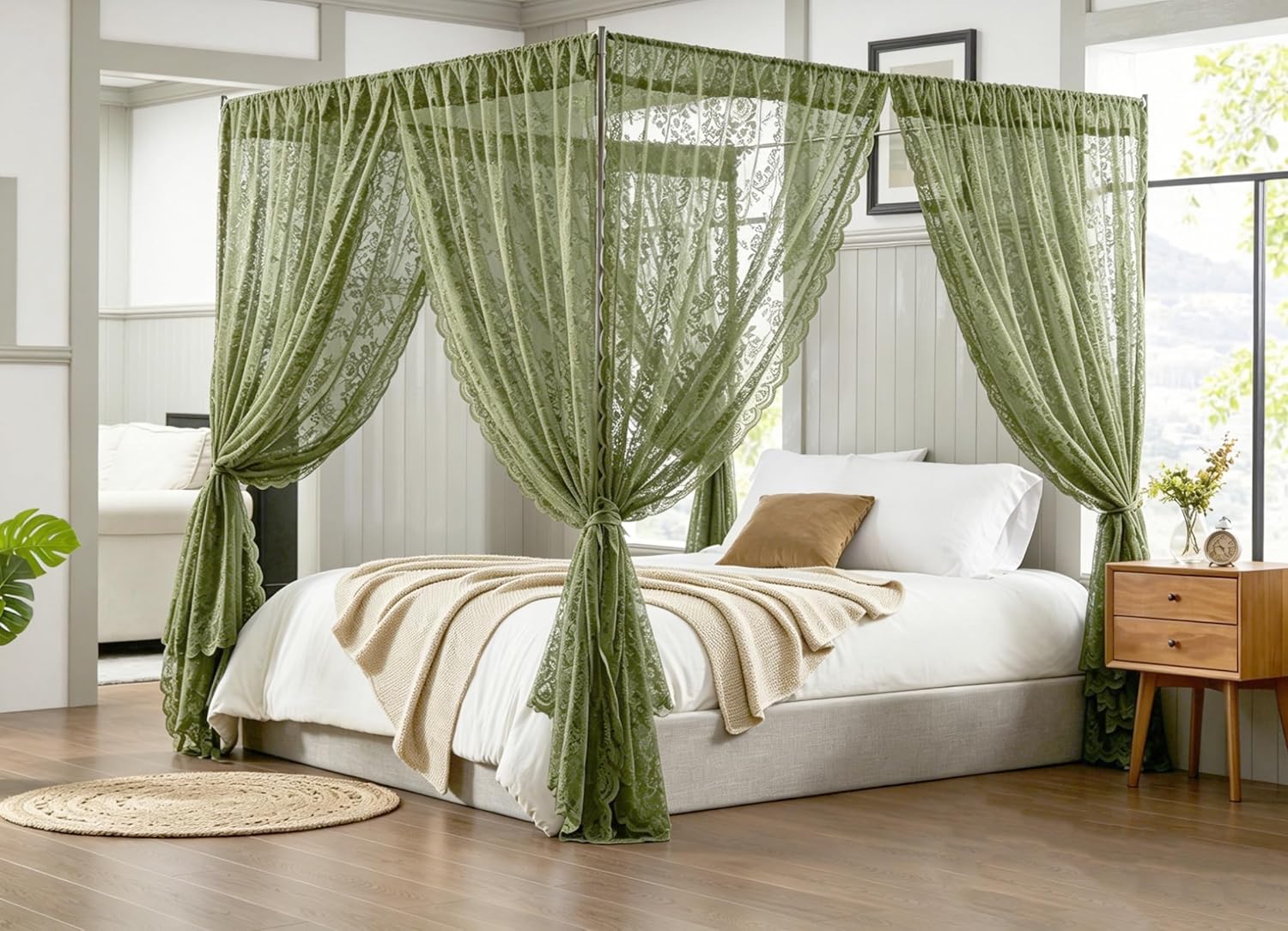 Warm Home Designs Lace Canopy Bed Curtains Set Consists of 8 48" x 78" Sage Green Canopy Curtains with Tie-Backs. Queen Canopy Bed Curtains or King Bed Canopy Curtains for Cute Bedroom Decor. LC Sage